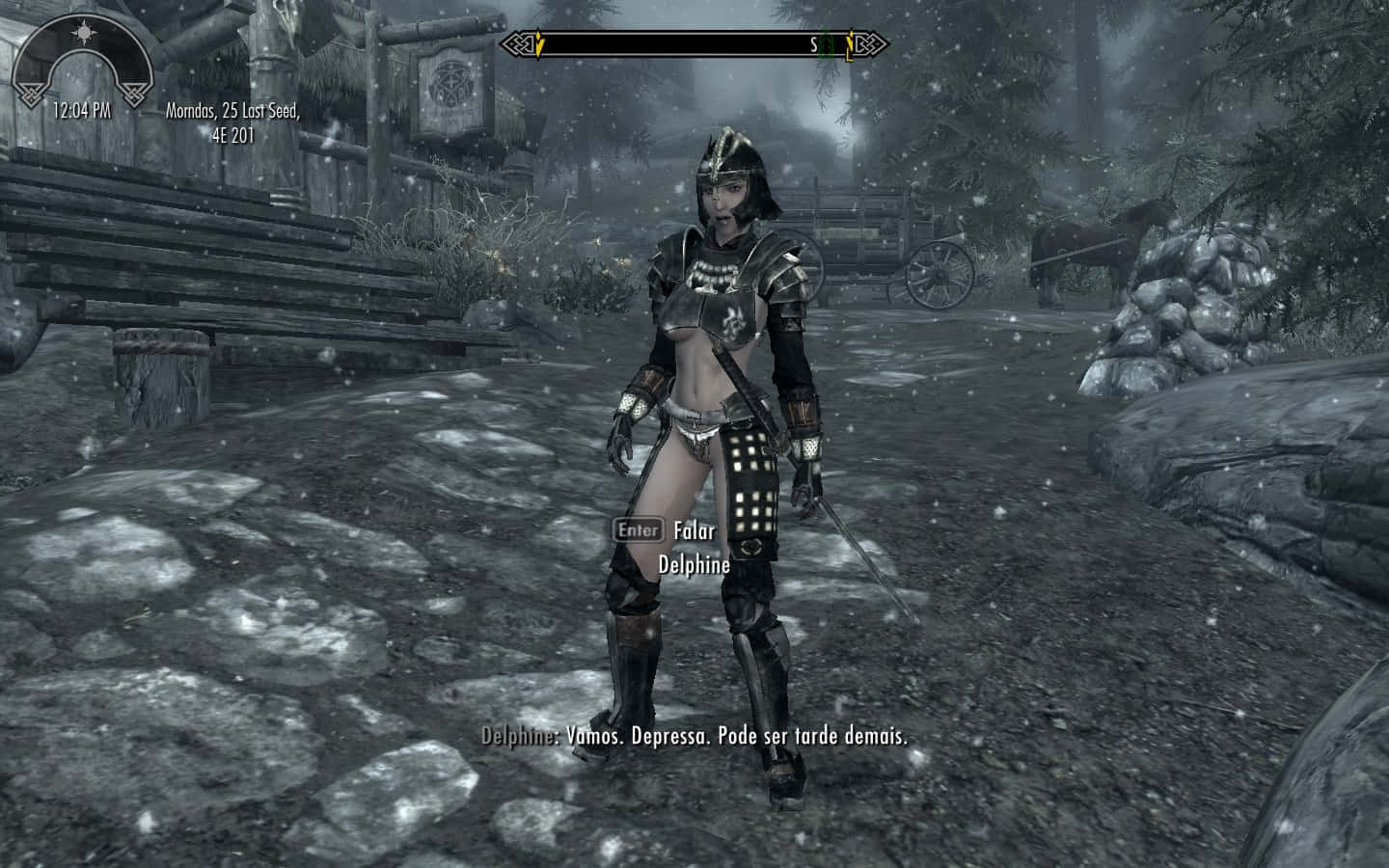 Skyrim Delphine 桌布 壁紙 — 一位身穿暗色盔甲的女戰士站在雪村廣場上，周圍有木造建築和飄落的雪。