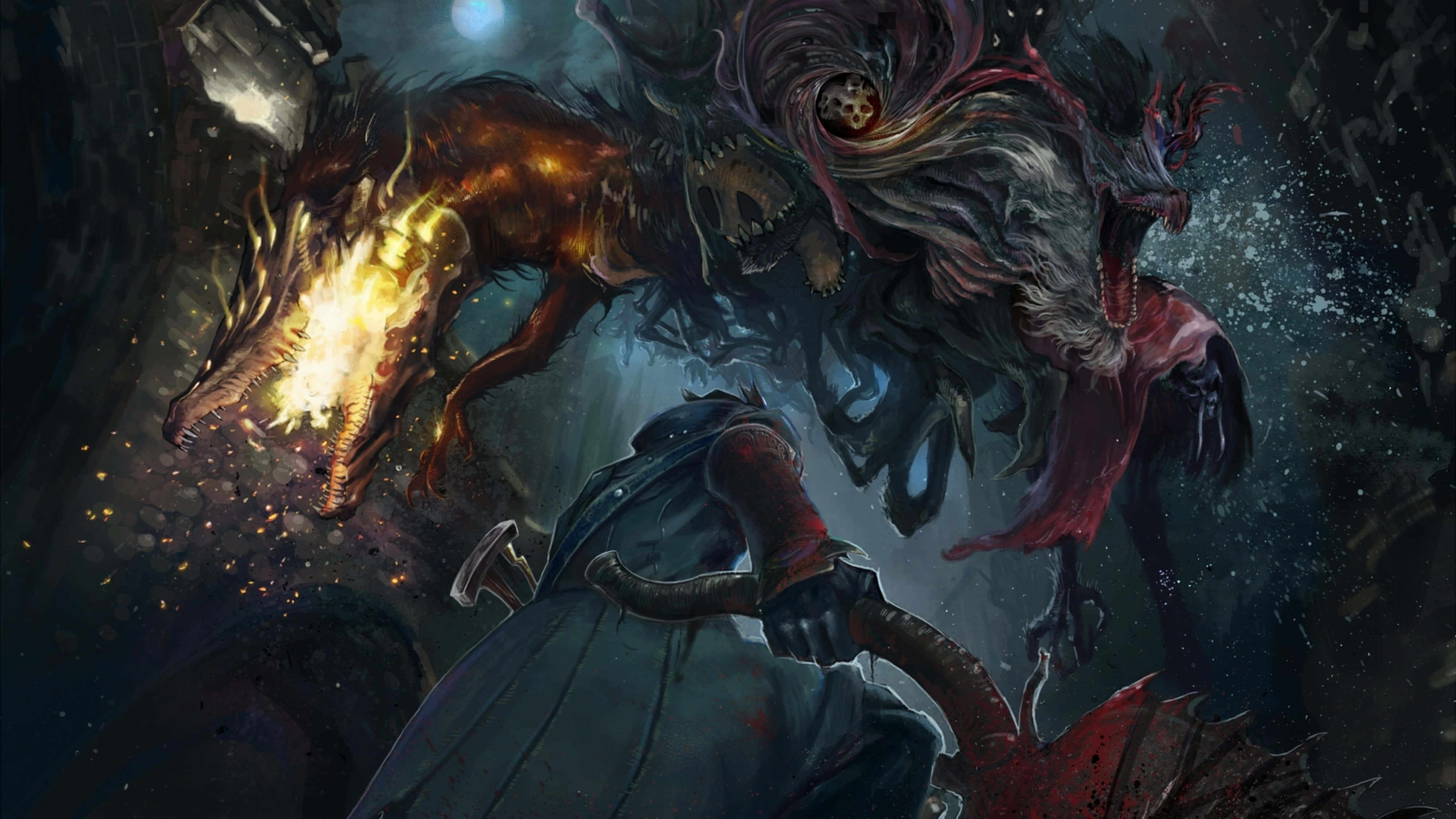 monsters 桌布 壁紙 — 一位身穿暗色盔甲的孤獨戰士在骯髒的地牢中面對兩隻怪物：一隻火焰巨龍和一隻陰影惡魔。