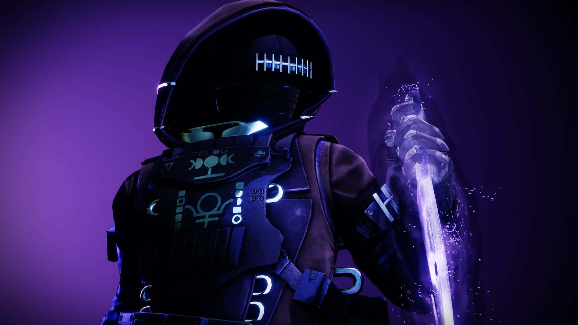 Best Destiny 2 桌布 壁紙 — 一位身穿暗色盔甲的未來戰士，在深紫色背景下揮舞著一把發光的劍。