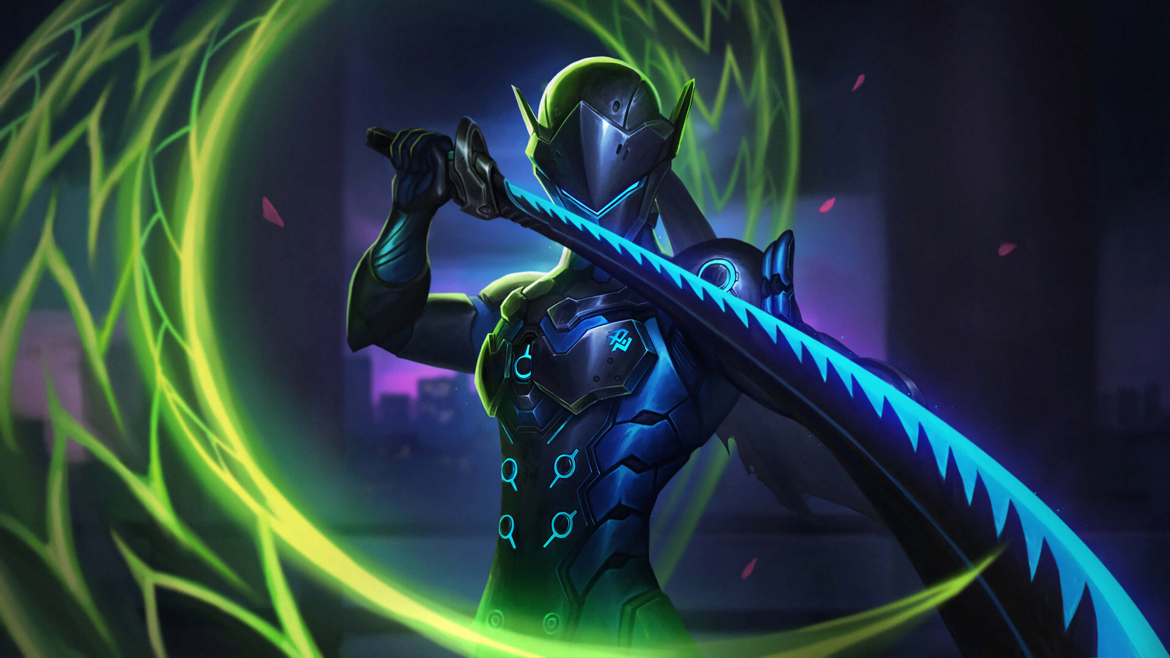 Genji 4K 桌布 壁紙 — 一位身穿暗色盔甲的未來戰士，在陰暗的城市背景下揮舞著一把被霓虹綠色能量漩渦包圍的發光藍色劍。