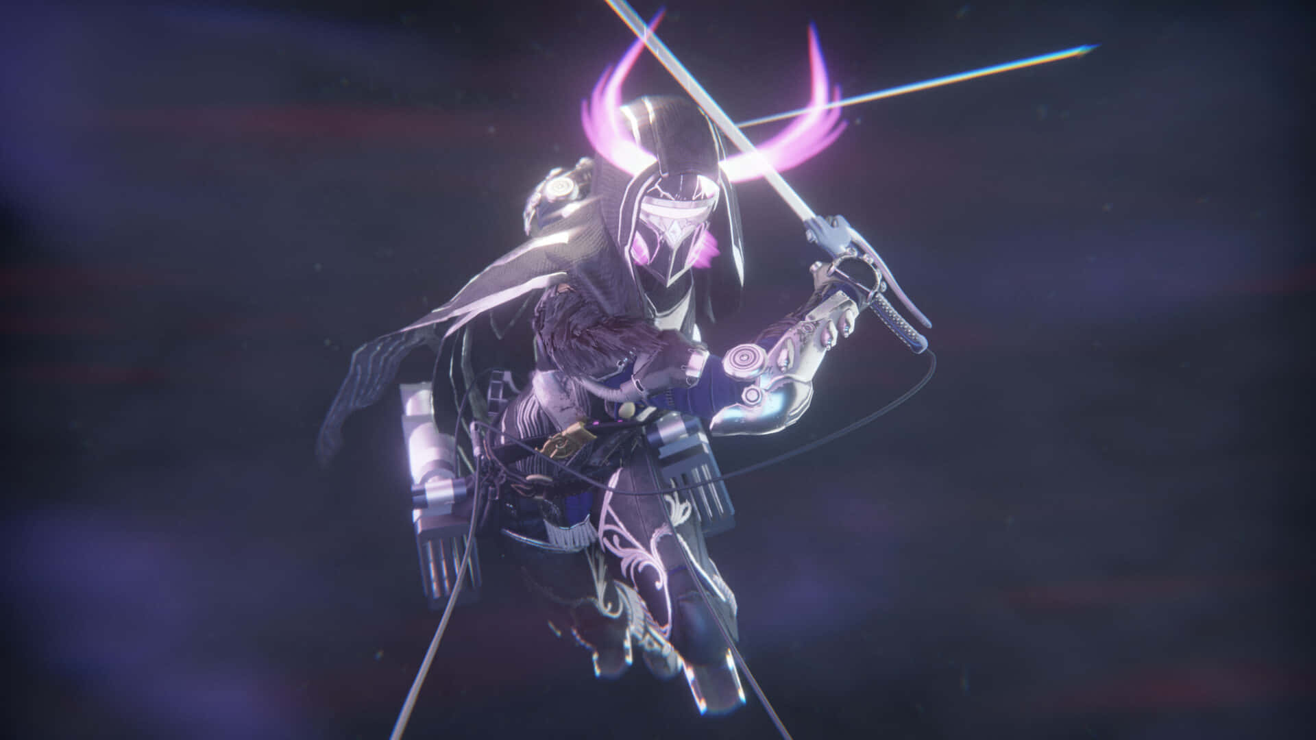 Best Destiny 2 桌布 壁紙 — 一位身穿暗色盔甲的未來武士，在宇宙背景下揮舞著發光的紫色劍。