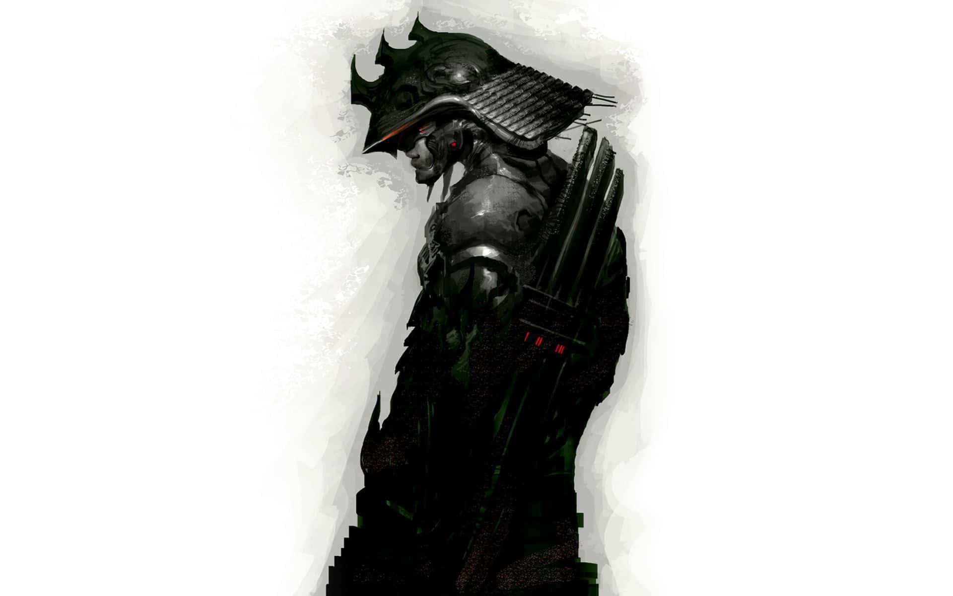 武士動畫 桌布 壁紙 — 一位身穿暗色盔甲的武士，擁有發光的紅色眼睛和帶刺的頭盔，側面站立在純白色背景前。