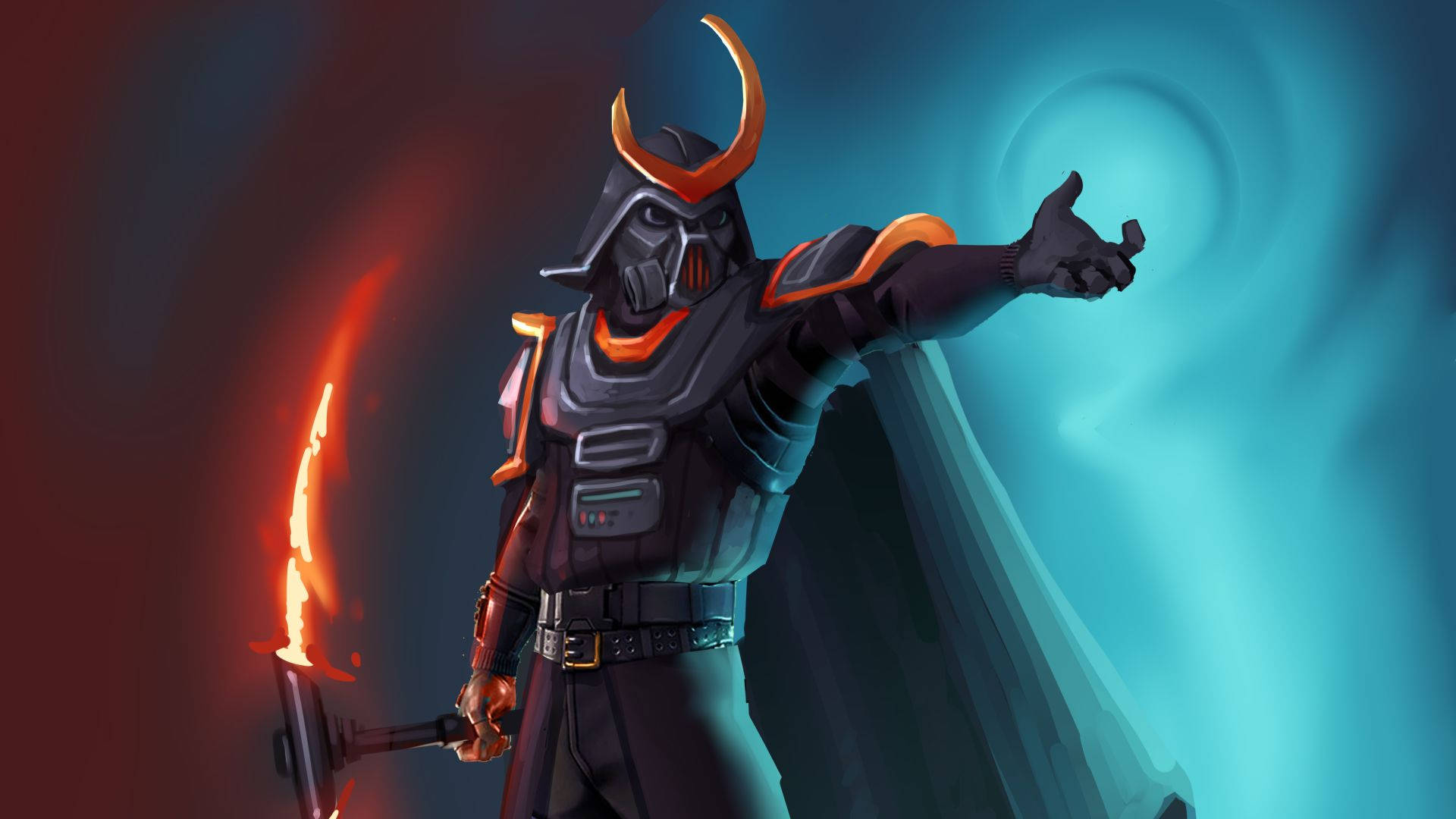Fortnite 桌布 壁紙 — 一位身穿暗色盔甲的武士戰士，帶著發光的橙色角和披風，揮舞著火焰劍，背景是旋轉的紅色和藍色。
