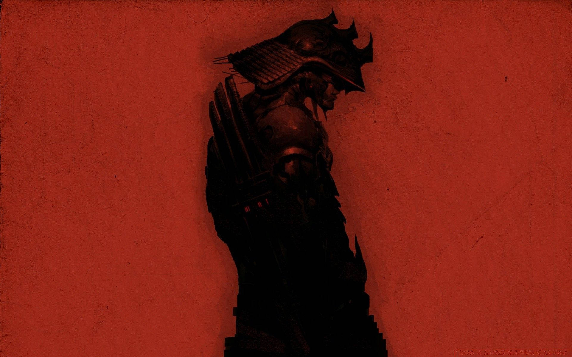 Samurai Art 桌布 壁紙 — 一位身穿暗色盔甲的武士武士以剪影姿態站立，背景是帶紋理的血紅色牆壁，低頭肅穆。