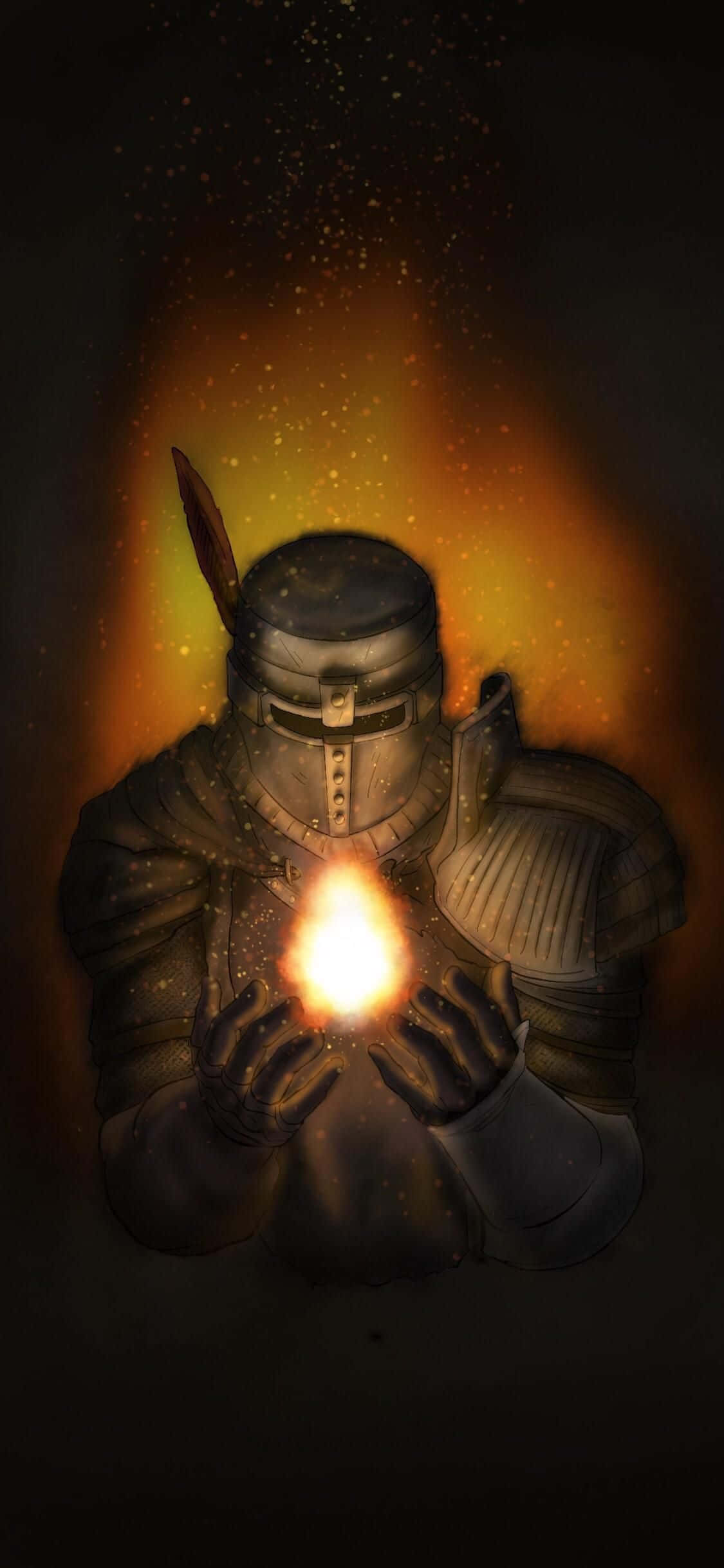Solaire Of Astora 桌布 壁紙 — 一位身穿暗色盔甲的騎士，在熾熱橙色背景與漂浮火星中懷抱著一顆發光球體。