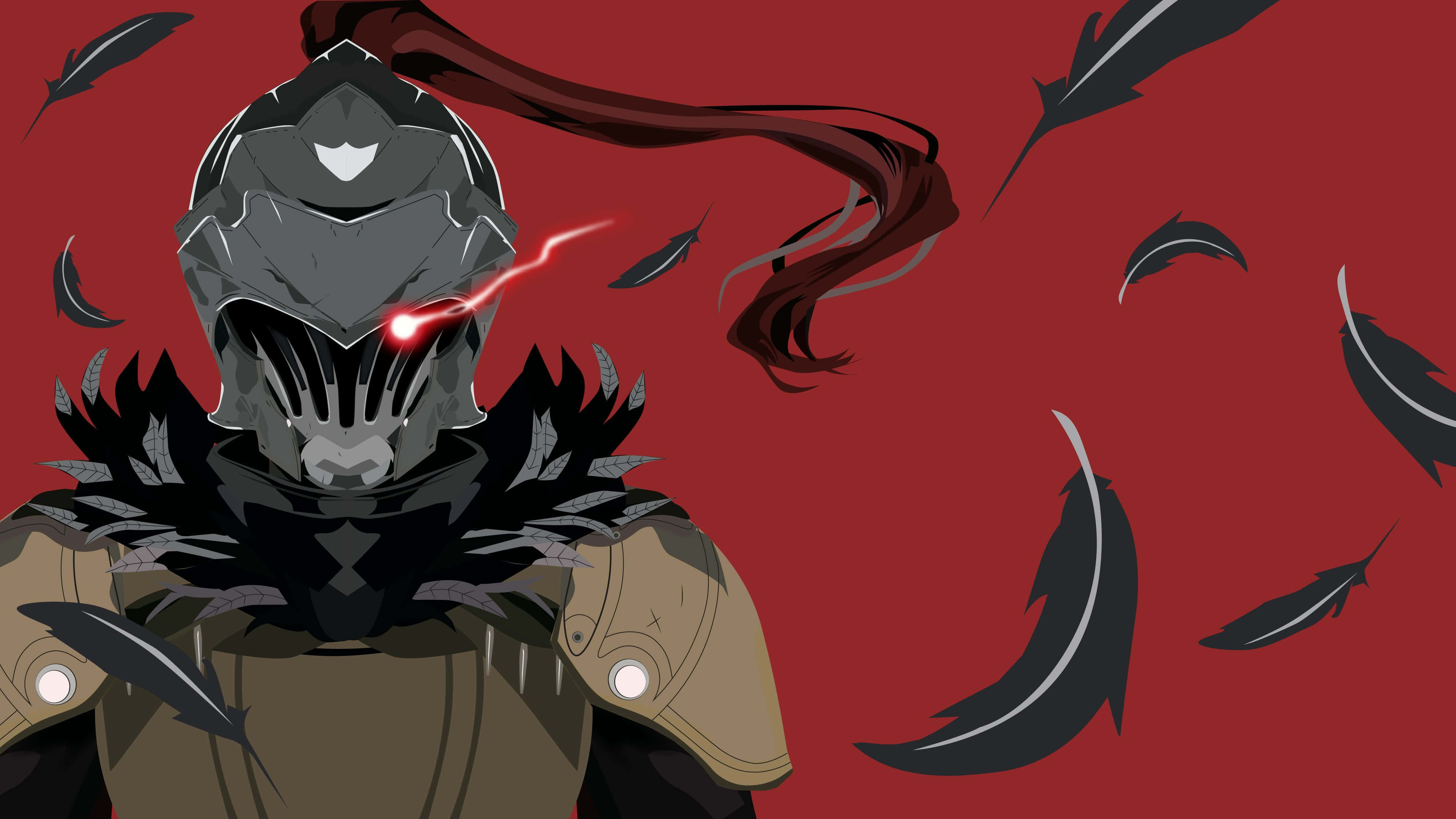 Goblin Slayer 桌布 壁紙 — 一位身穿暗色盔甲的騎士，擁有發光的紅色眼睛和飄逸的紅髮，站在鮮紅色的背景前，周圍漂浮著黑色羽毛。
