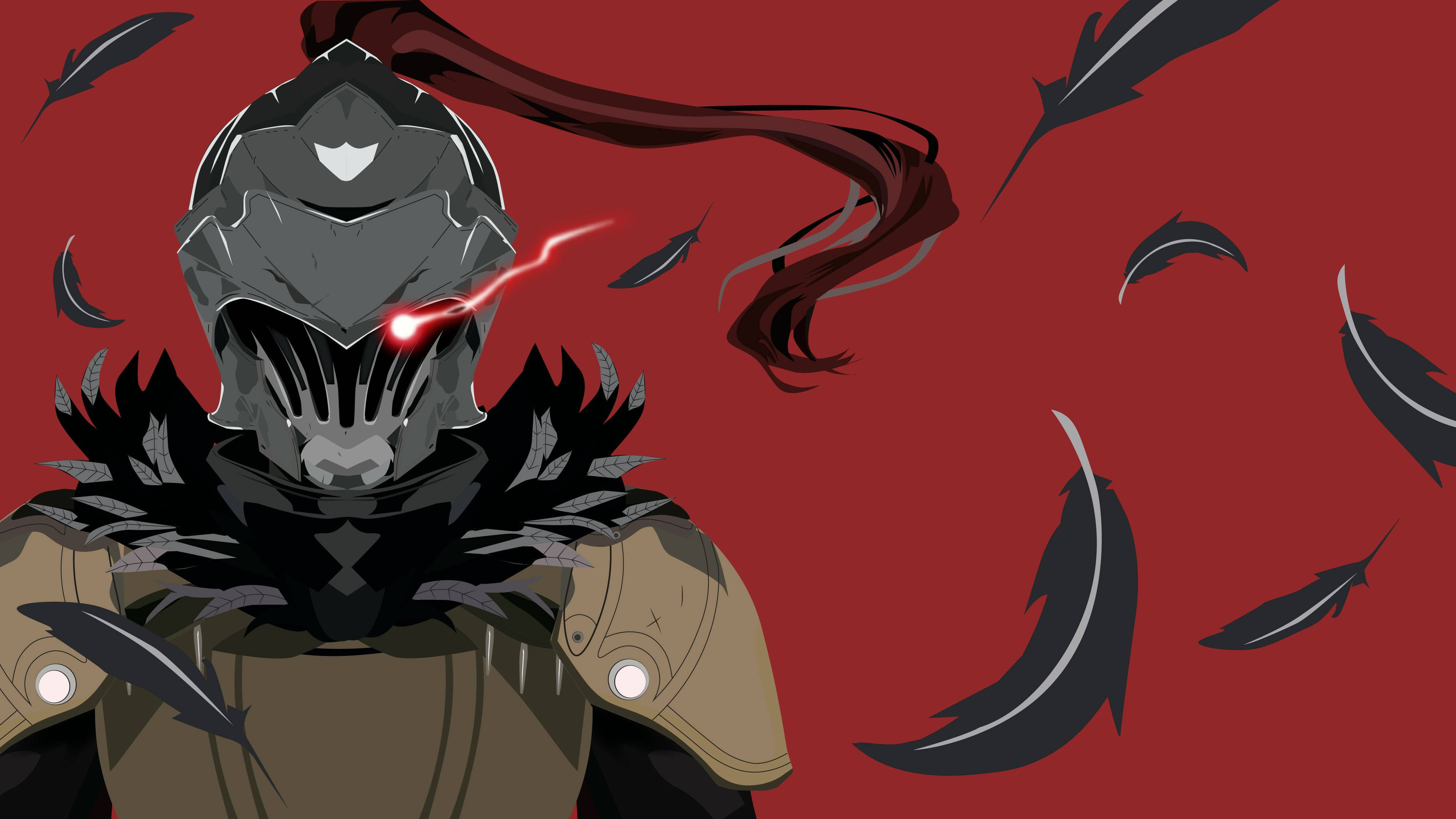 Goblin Slayer 桌布 壁紙 — 一位身穿暗色盔甲的騎士，擁有發光的紅色眼睛和飄逸的紅色斗篷，站在鮮紅色的背景前，周圍有漂浮的黑色羽毛。