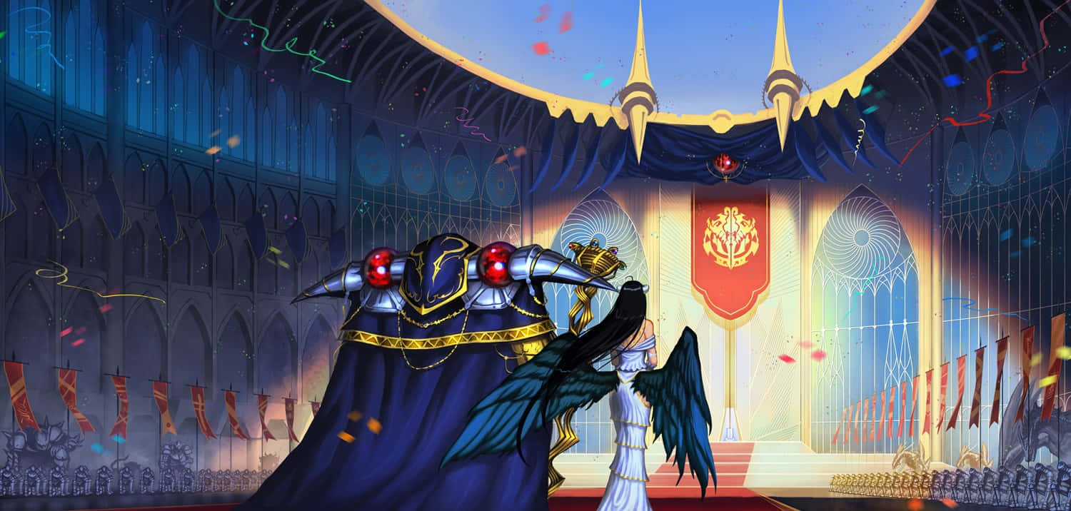 Overlord 桌布 壁紙 — 一位身穿暗色盔甲的騎士和一位身穿白袍的天使站在宏偉的大教堂中，金色拱門上灑下五彩紙屑。