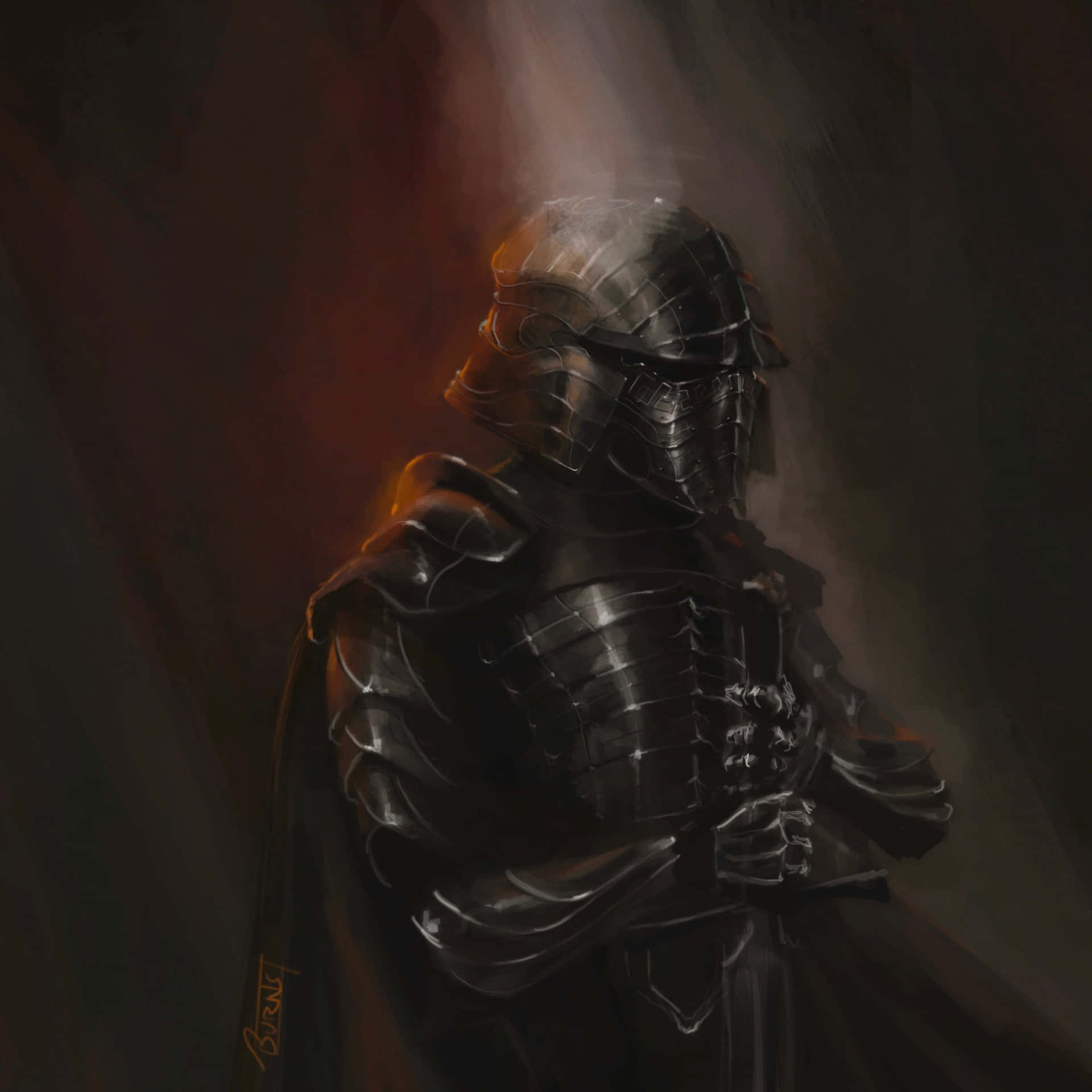 The Black Knight 桌布 壁紙 — 一位身穿暗色盔甲的騎士站在陰影中，一道光束照亮了他的頭盔和肩膀。