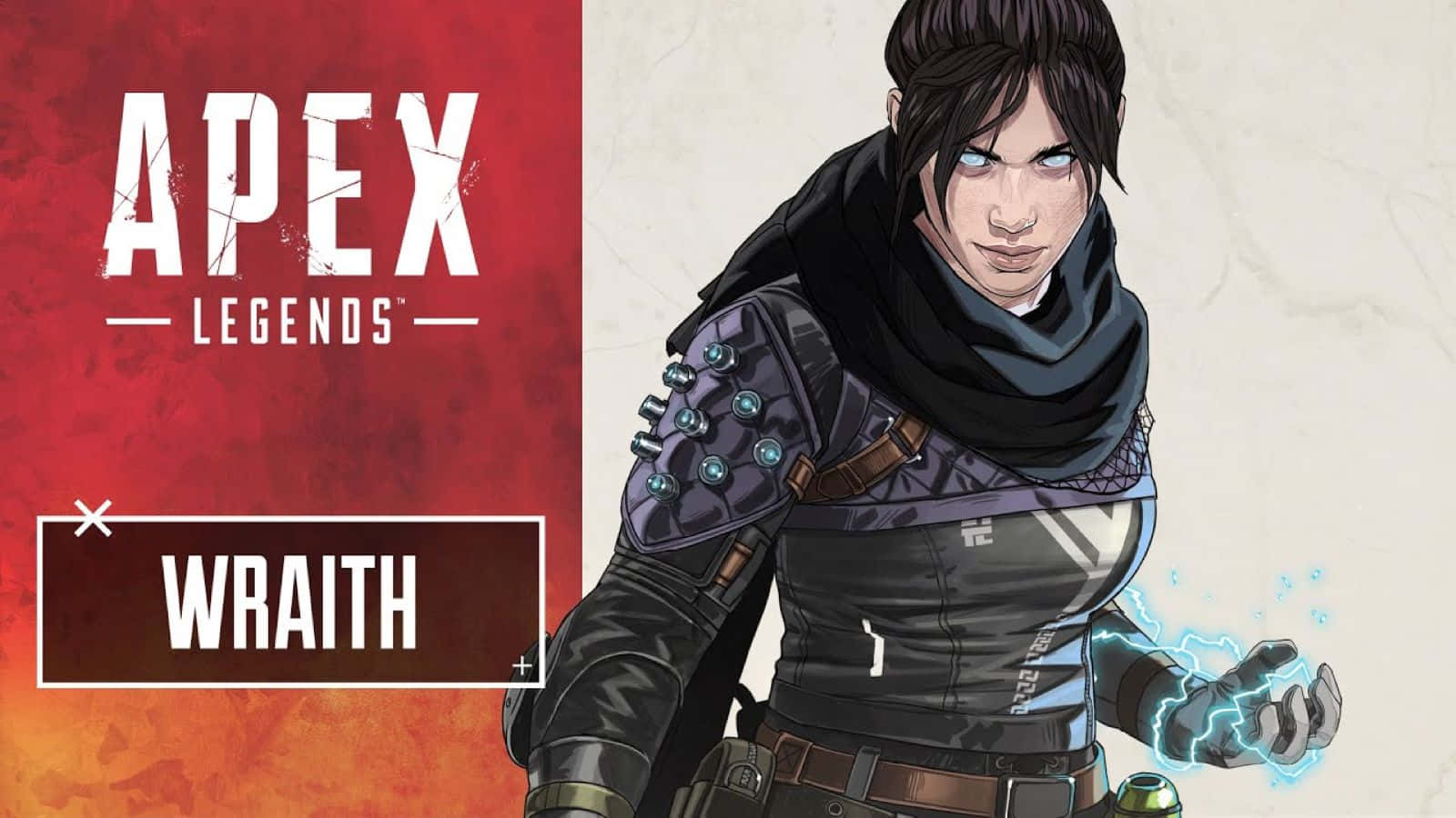 Apex Wraith 桌布 壁紙 — 一位身穿暗色裝備的女戰士，在紅色和米色背景上，從手中釋放出藍色能量，並帶有「Apex Legends Wraith」文字。