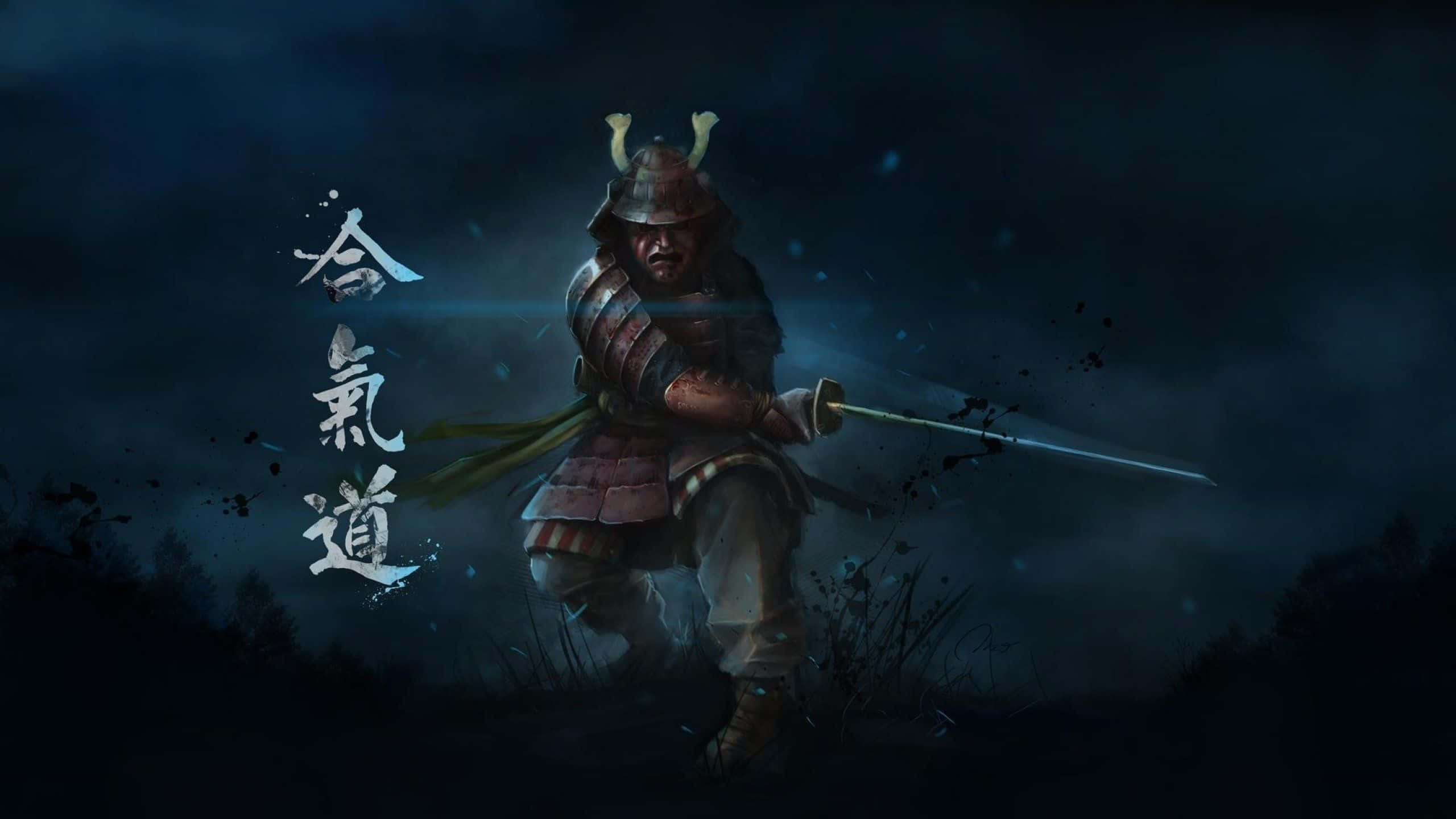 武士動畫 桌布 壁紙 — 一位身穿暗色鎧甲的武士，在暴風雨的夜空下手持發光的劍，附近漂浮著日文字元。