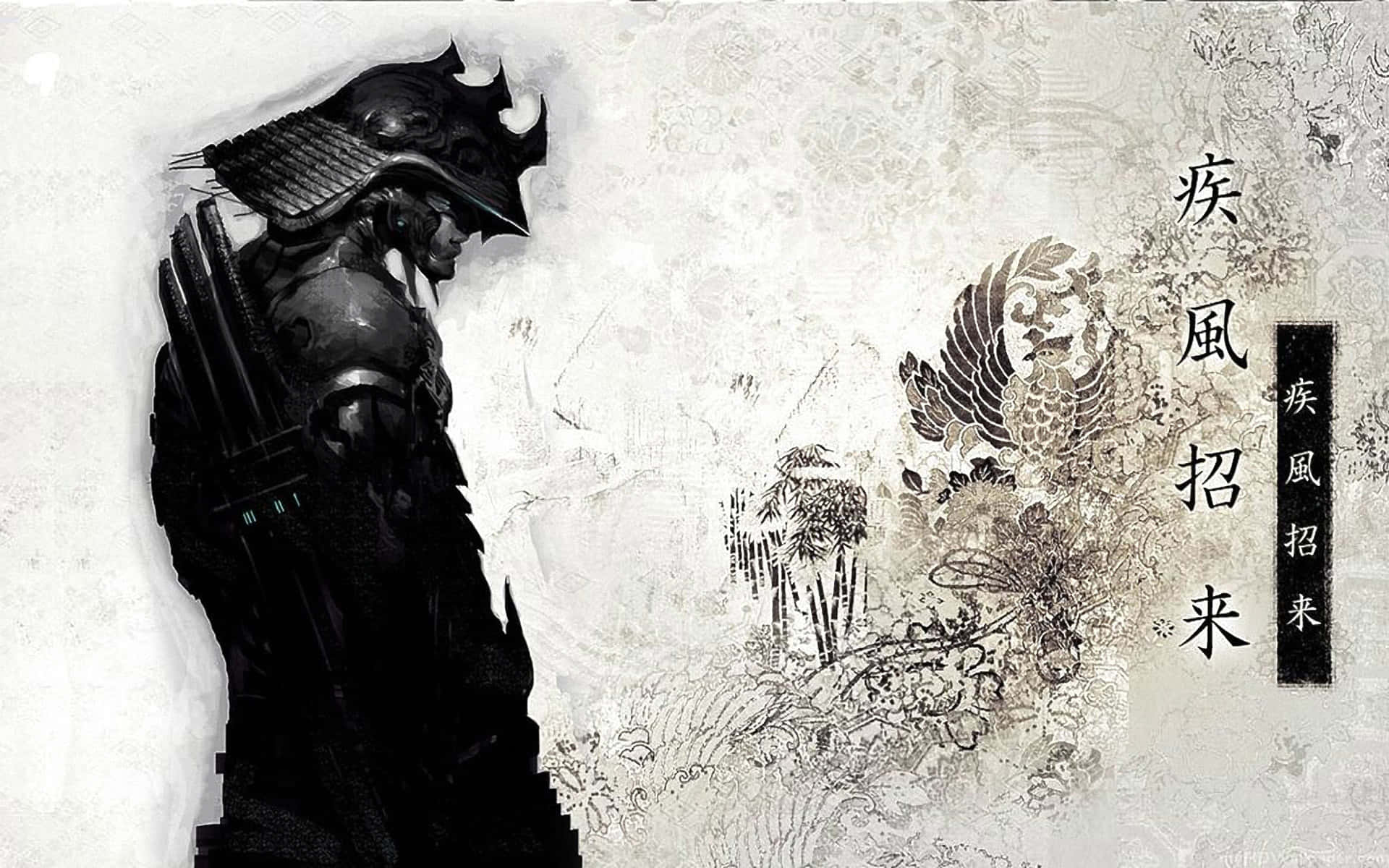 Bushido 桌布 壁紙 — 一位身穿暗色鎧甲的武士剪影，背景是帶有傳統日本書法和裝飾性水墨插圖的紋理羊皮紙。