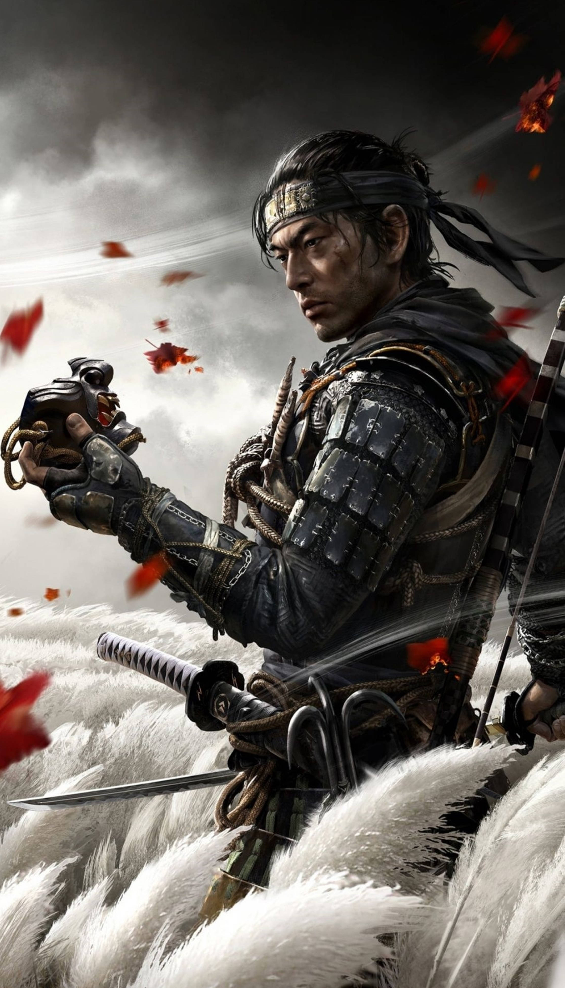 身穿暗色鎧甲的武士手持武器，周圍飄落著紅葉和白羽。 — 武士動畫 壁紙