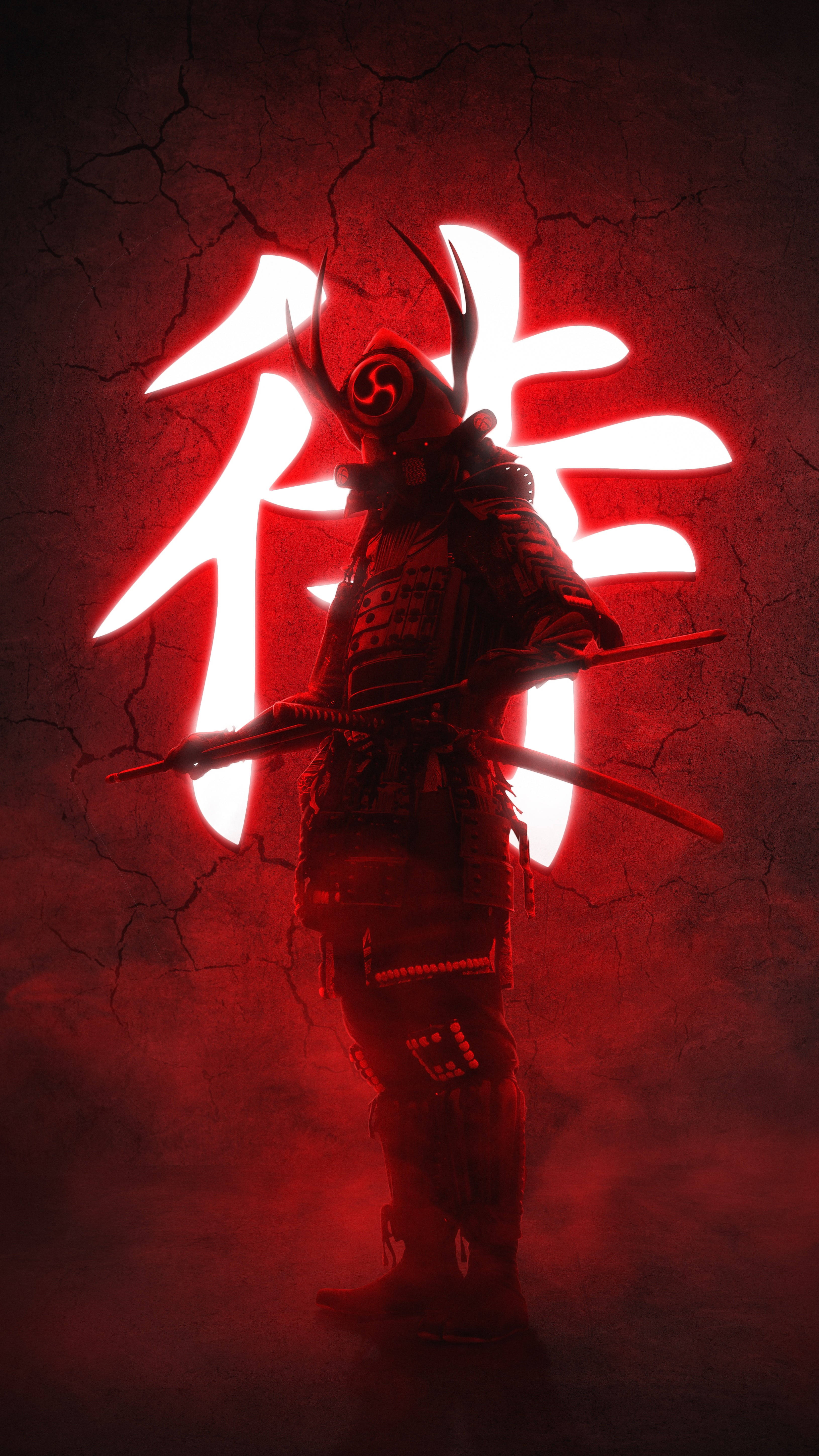 keren 桌布 壁紙 — 一位身穿暗色鎧甲的武士站在發光的紅色漢字前，背景是裂開的牆壁。