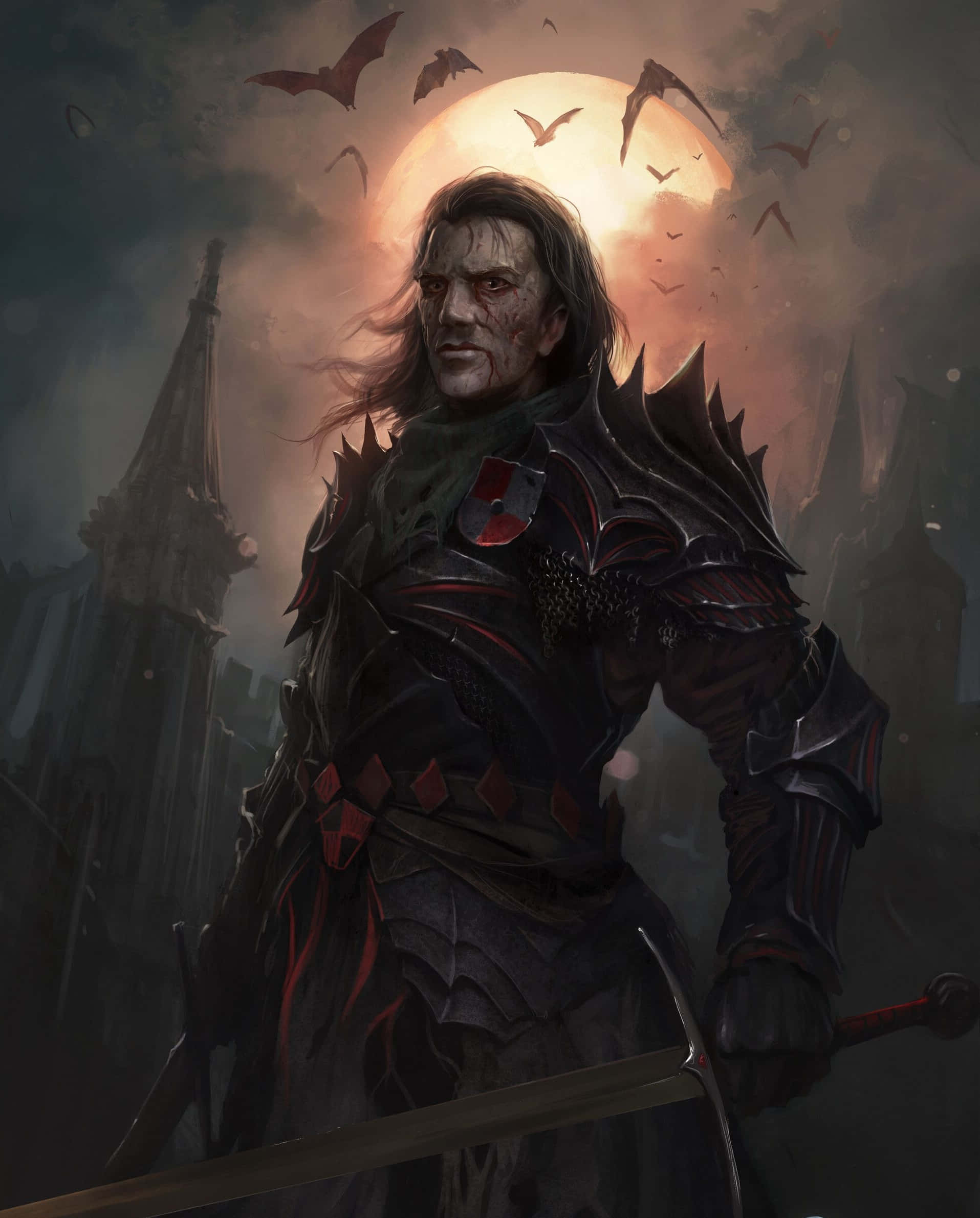 Vampire Lord 桌布 壁紙 — 一位身穿暗黑盔甲的陰鬱騎士，佇立於一座哥德式城堡前，背景是血橙色的滿月，蝙蝠群在天空中飛舞。