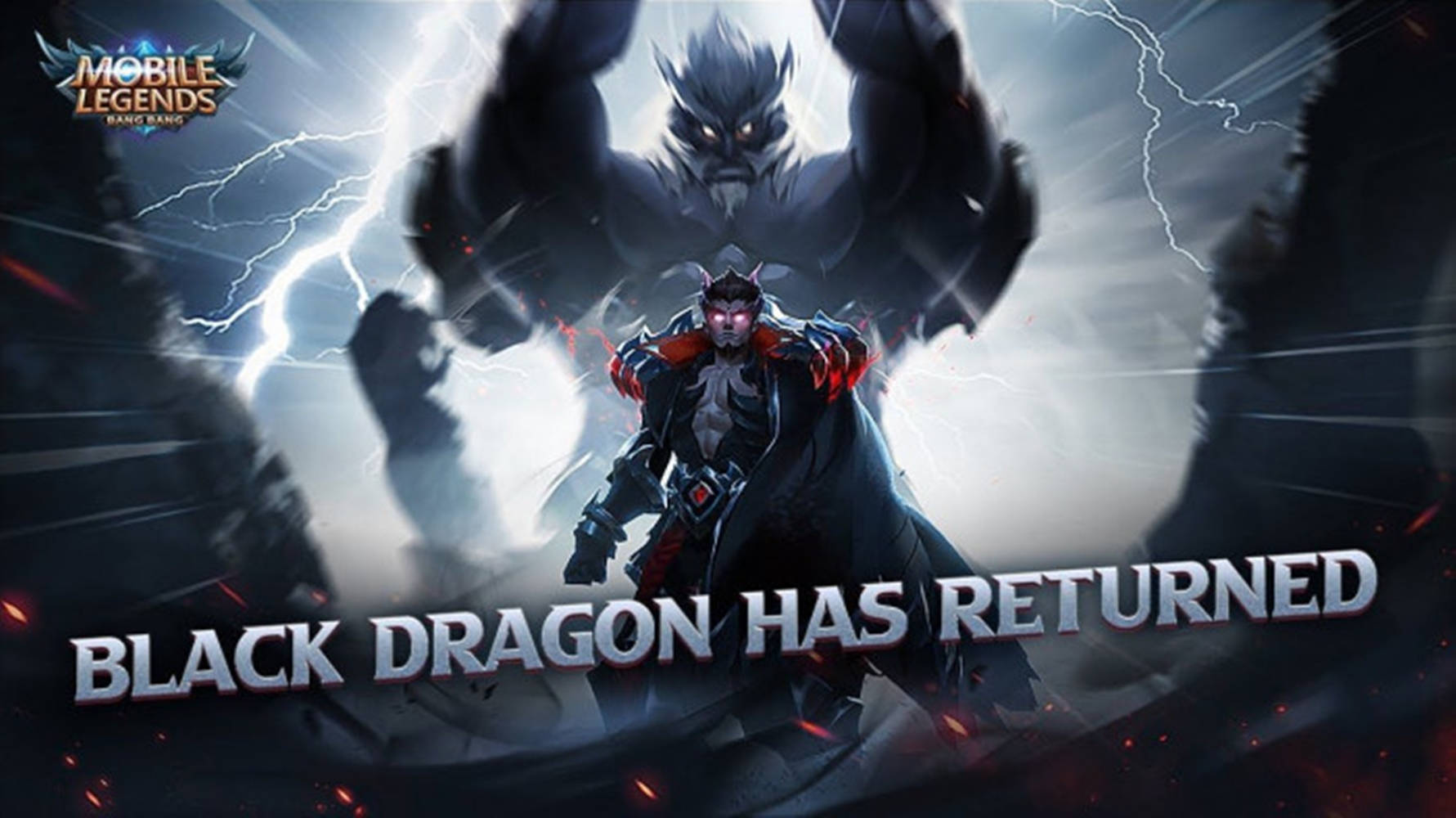 Mobile Legends 動態圖 桌布 壁紙 — 一位身穿暗黑鎧甲的戰士挑釁地站立，身後一隻巨大的黑龍在噼啪作響的閃電和熾熱的火花中隱現。