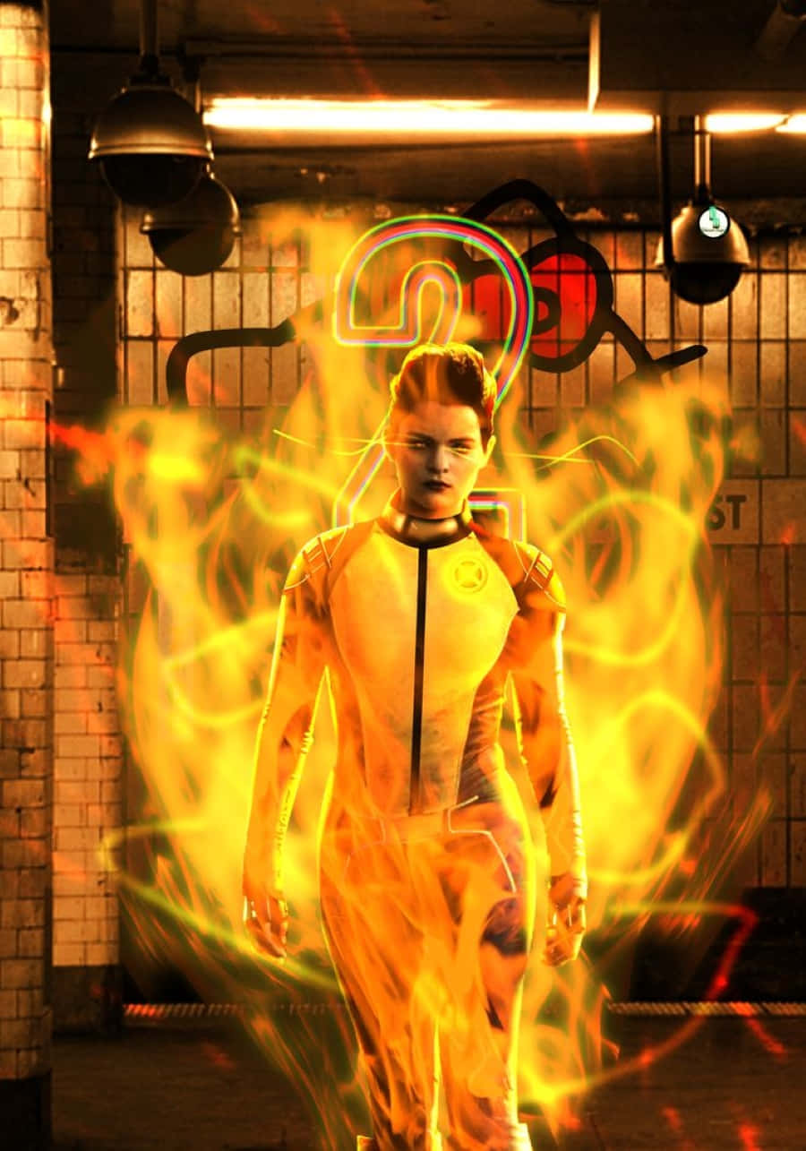 Negasonic Teenage Warhead 桌布 壁紙 — 一位身穿未來感套裝的女性站在昏暗的工業走廊中，被發光的黃色能量包圍。