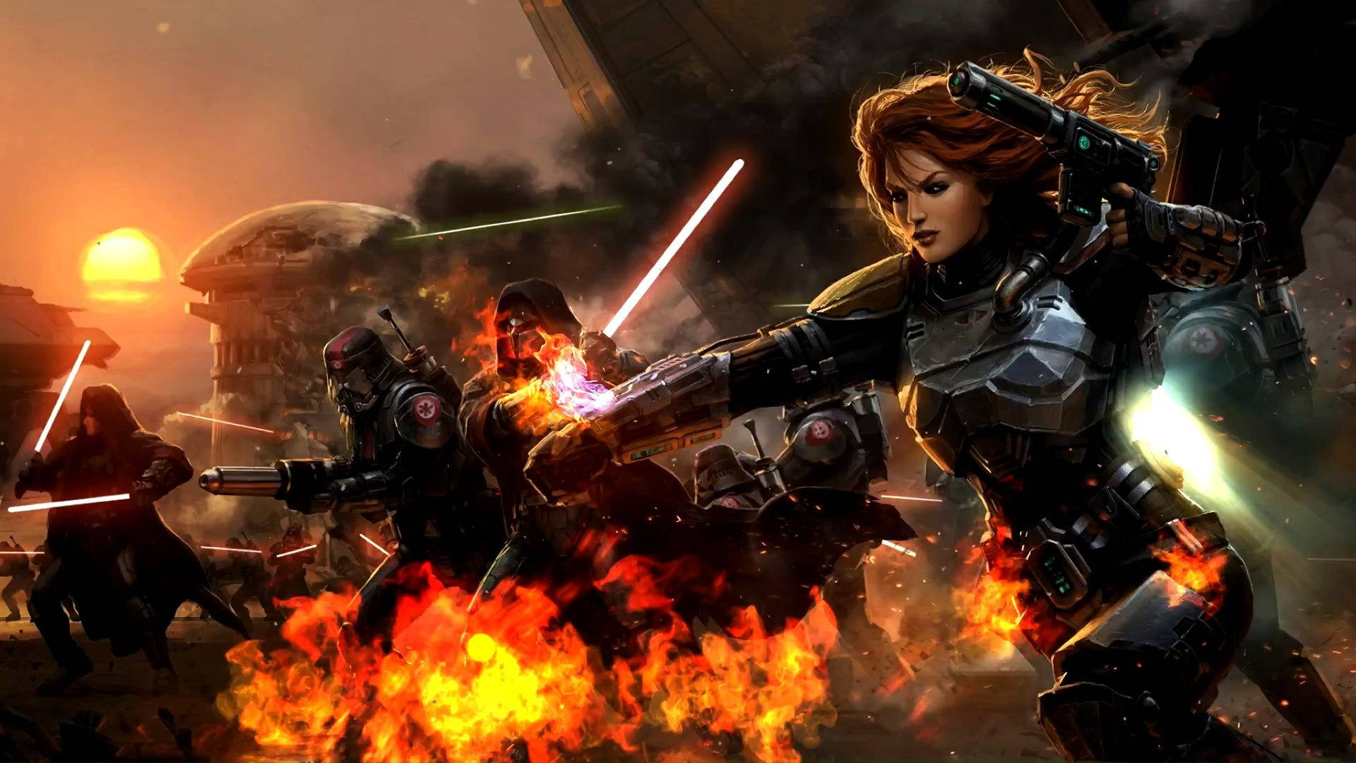 Swtor 桌布 壁紙 — 一位身穿未來盔甲的兇猛女戰士，在熾熱的夕陽下揮舞著發光的劍，穿過火焰與裝甲敵人作戰。