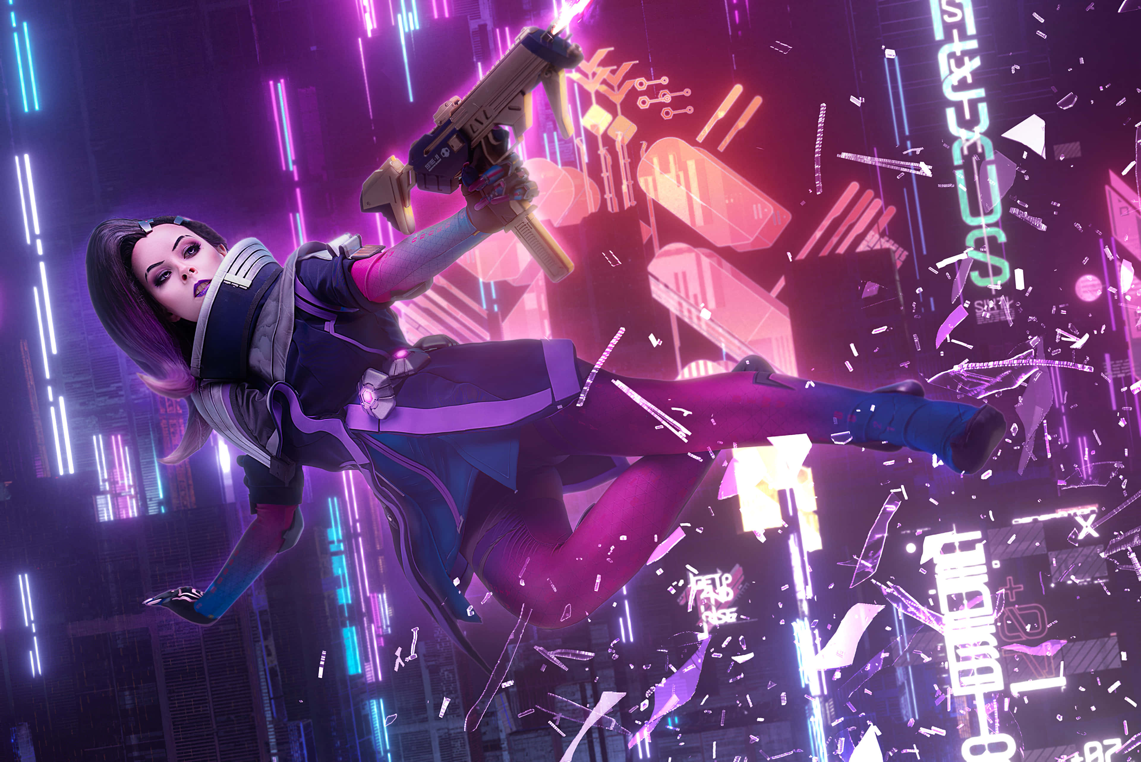 Sombra Overwatch 桌布 壁紙 — 一位身穿未來裝備的賽博龐克女性在破碎的霓虹燈城市廢墟中發射發光武器。