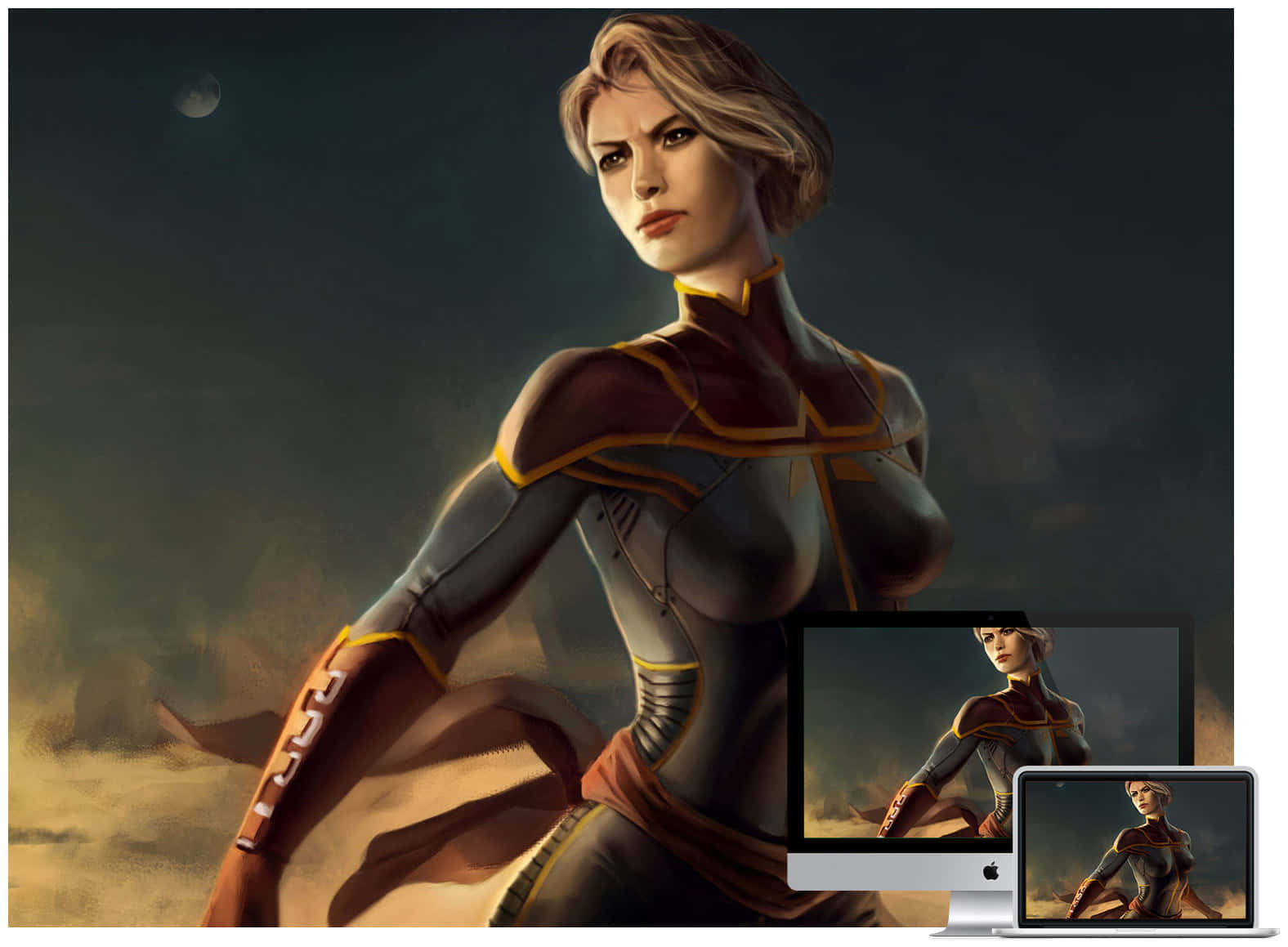 Captain Marvel Comic 桌布 壁紙 — 一位身穿未來裝甲的兇猛女戰士，在黑暗的天空中，新月下，她的形象顯示在兩個電腦螢幕上。