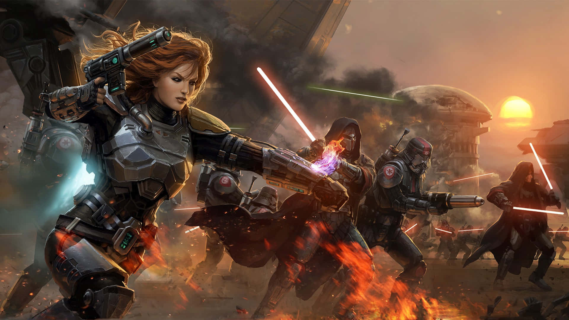 Star Wars Games 桌布 壁紙 — 一位身穿未來裝甲的兇猛女戰士，在戲劇性的日落圍攻中，與盟友一起在熾熱的爆炸和雷射射擊中戰鬥。