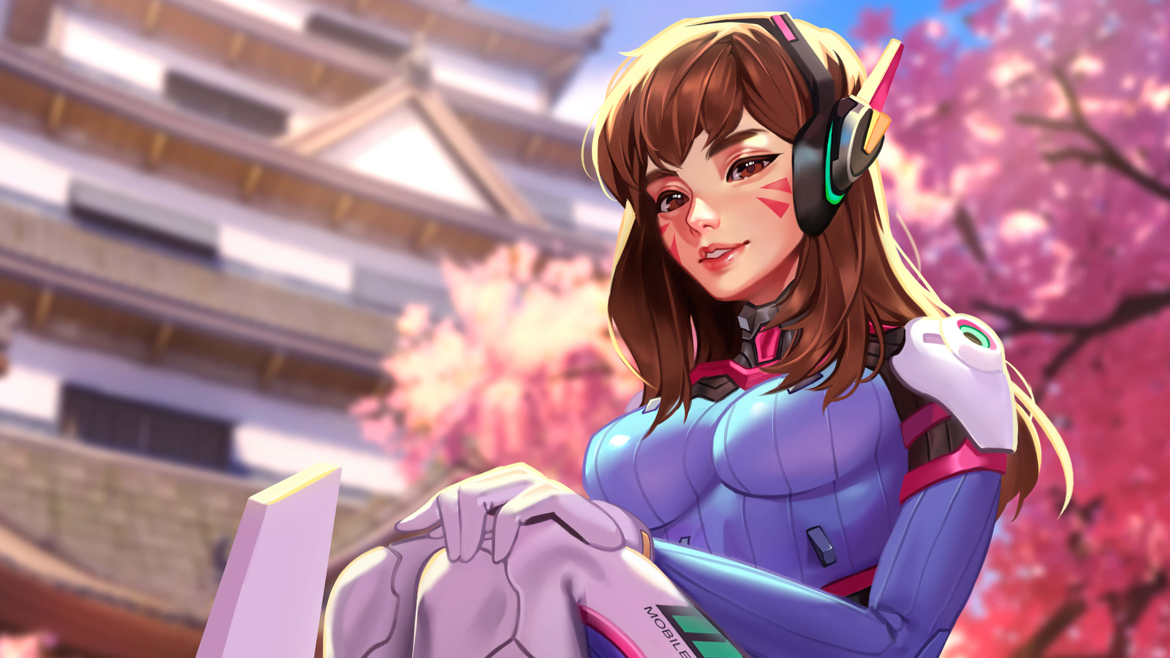 Overwatch Heroes 桌布 壁紙 — 一位身穿未來裝甲的女性動漫角色站在傳統日本城堡前，周圍盛開著櫻花。