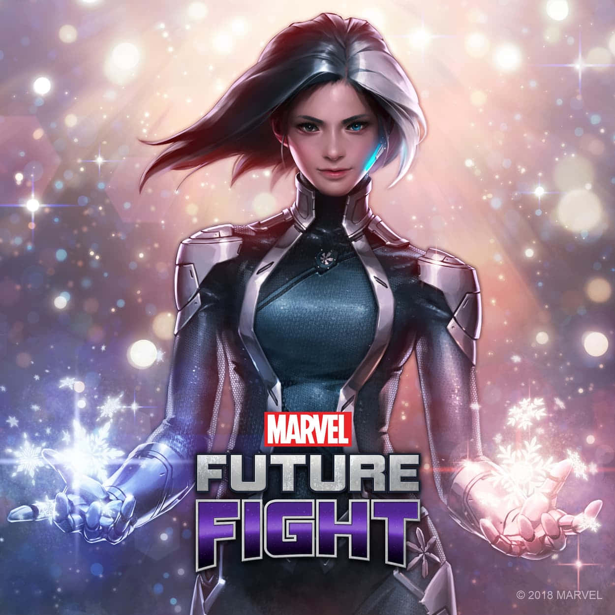 Marvel Profile 桌布 壁紙 — 一位身穿未來裝甲的女性超級英雄，手持發光的雪花能量，背景是閃爍的宇宙。