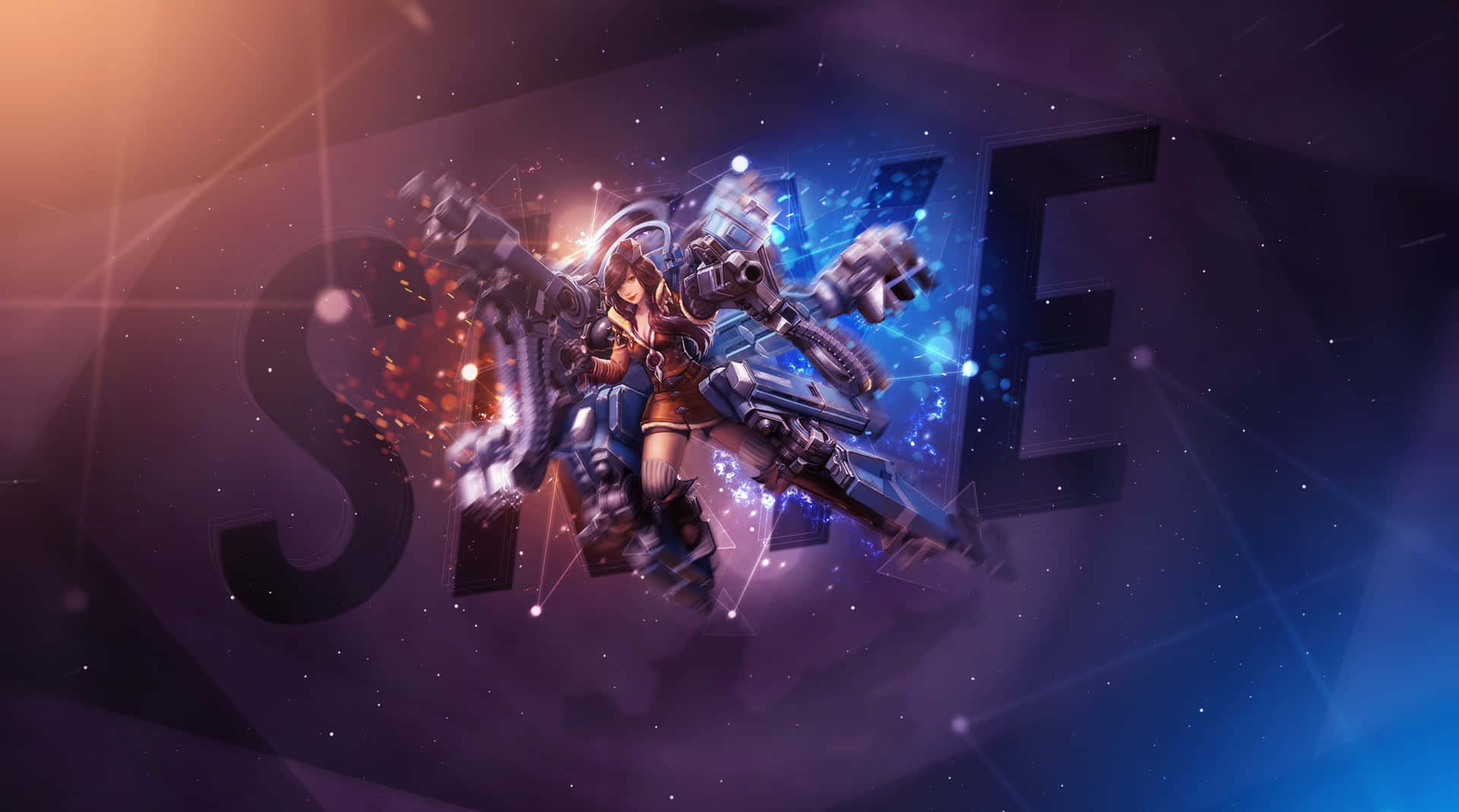 Vainglory 桌布 壁紙 — 一位身穿未來裝甲的女戰士，在宇宙粒子和大型風格化字母中揮舞發光武器。
