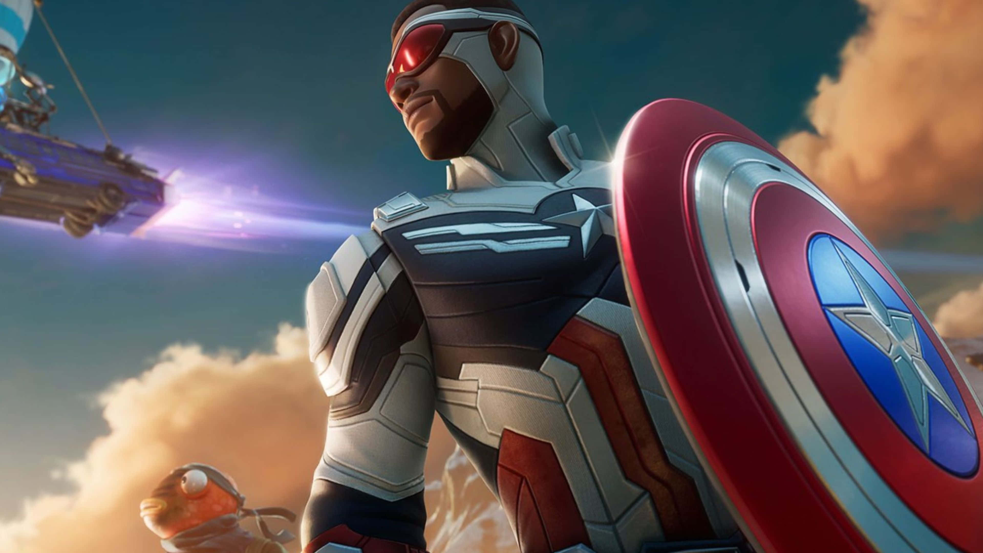 4K Captain America 桌布 壁紙 — 一位身穿未來裝甲的超級英雄，在陰雲密布的天空和一輛飛行車輛的背景下，手持經典的紅、白、藍盾牌。
