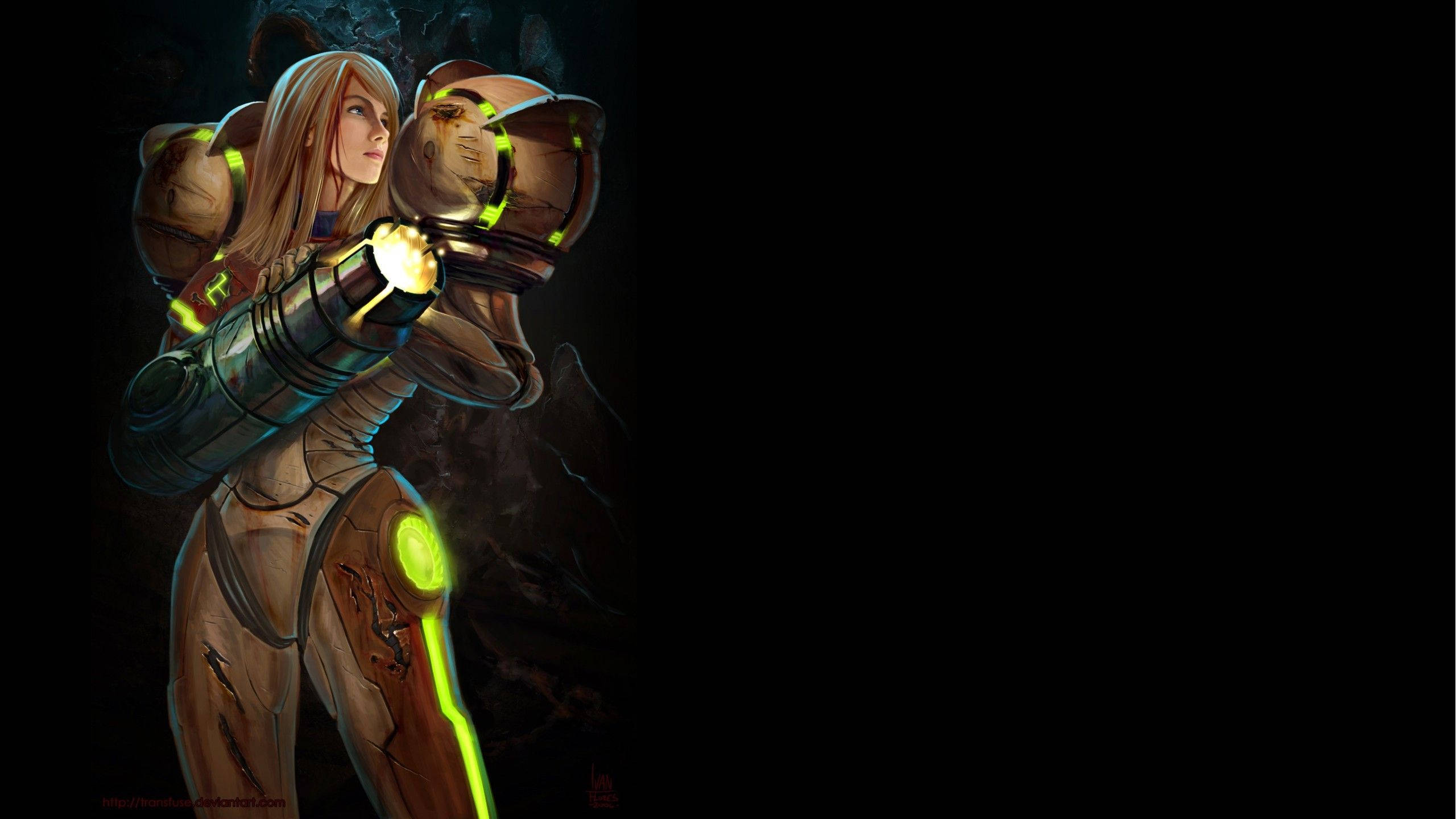 Metroid 桌布 壁紙 — 一位身穿未來風格裝甲、帶有發光綠色點綴的女戰士，在黑暗背景前蓄勢待發。