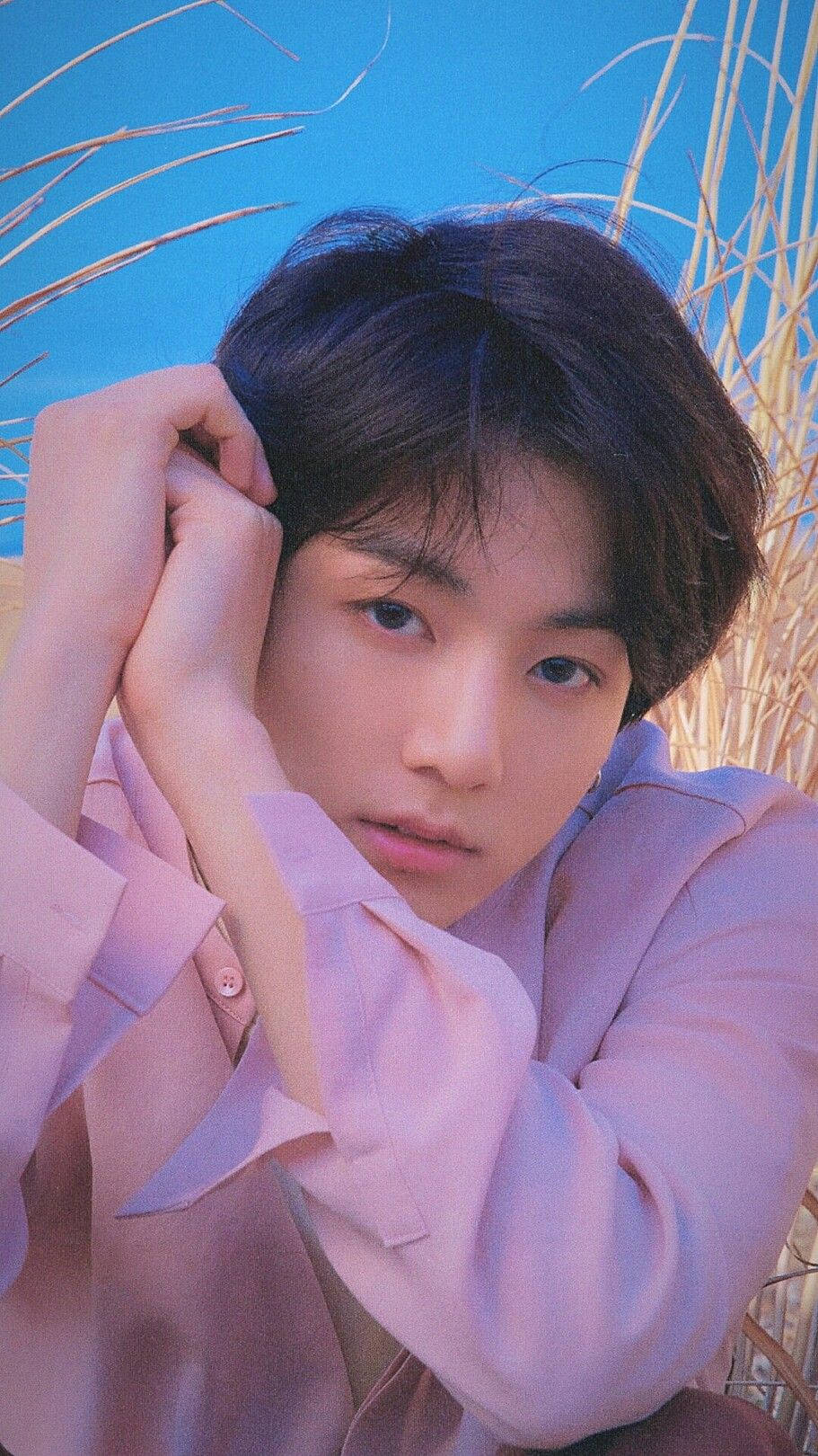 Jungkook 桌布 壁紙 — 一位身穿柔和粉紅色襯衫的年輕男子，在鮮豔的藍天和金色草地中若有所思地擺姿勢。