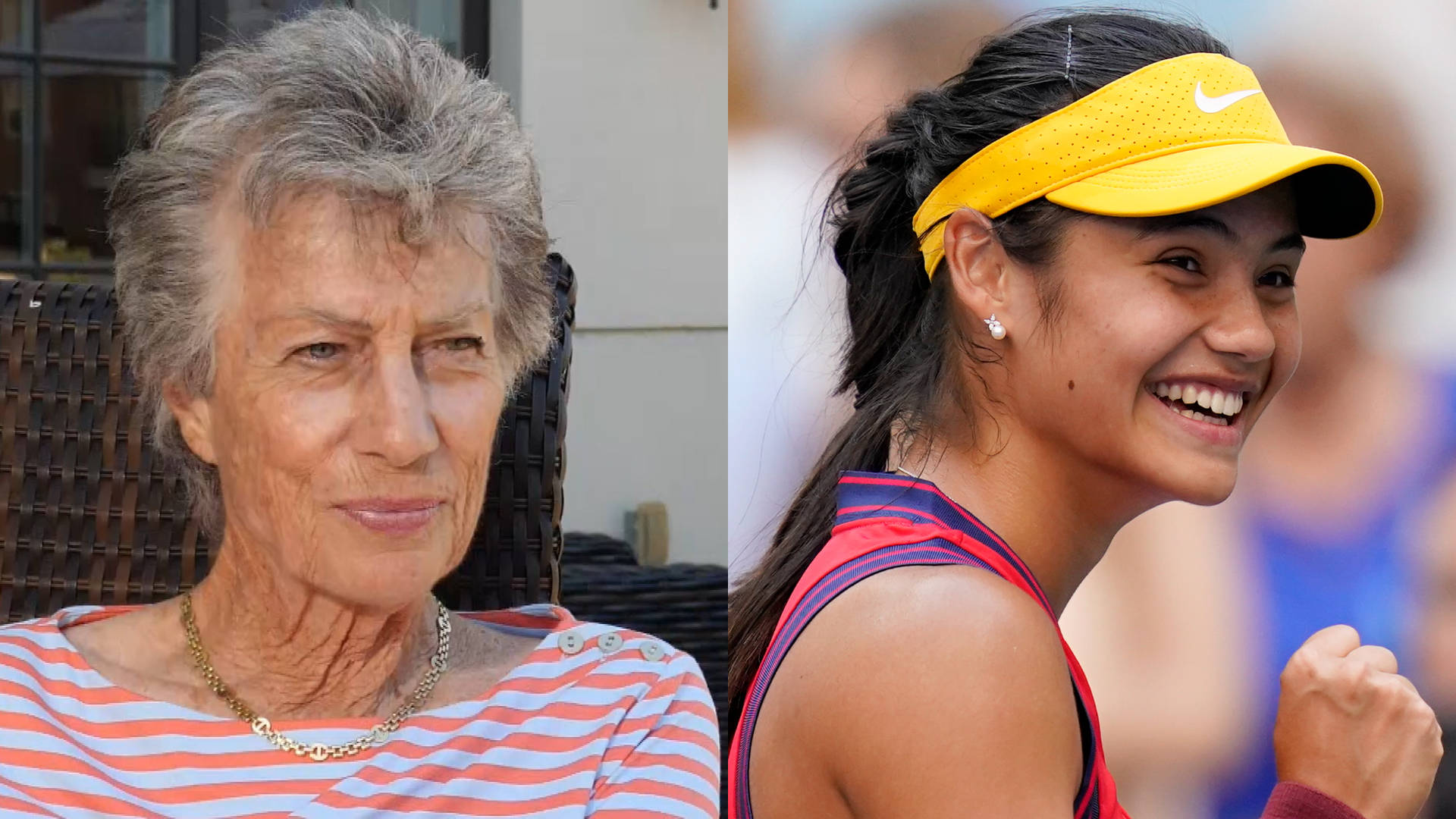 Tennis 桌布 壁紙 — 一位身穿條紋襯衫的老年女士和一位戴著黃色遮陽帽的微笑年輕網球選手的分割肖像。