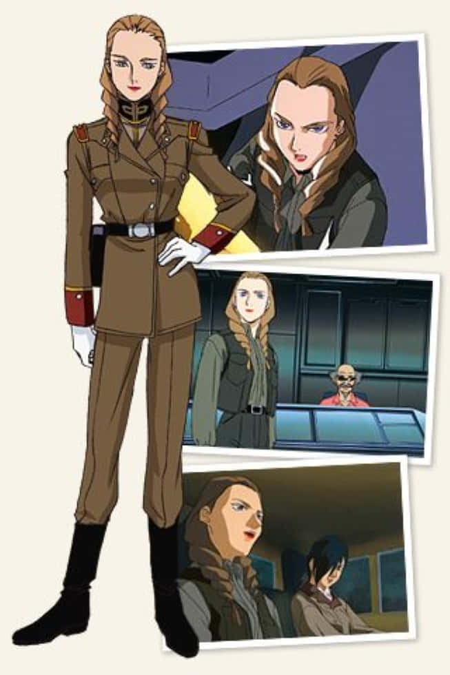 Gundam Wing Sally Po 桌布 壁紙 — 一位身穿棕色制服的女動畫軍官全身站立，旁邊有三個嵌入場景，展示她在不同環境中的樣子。