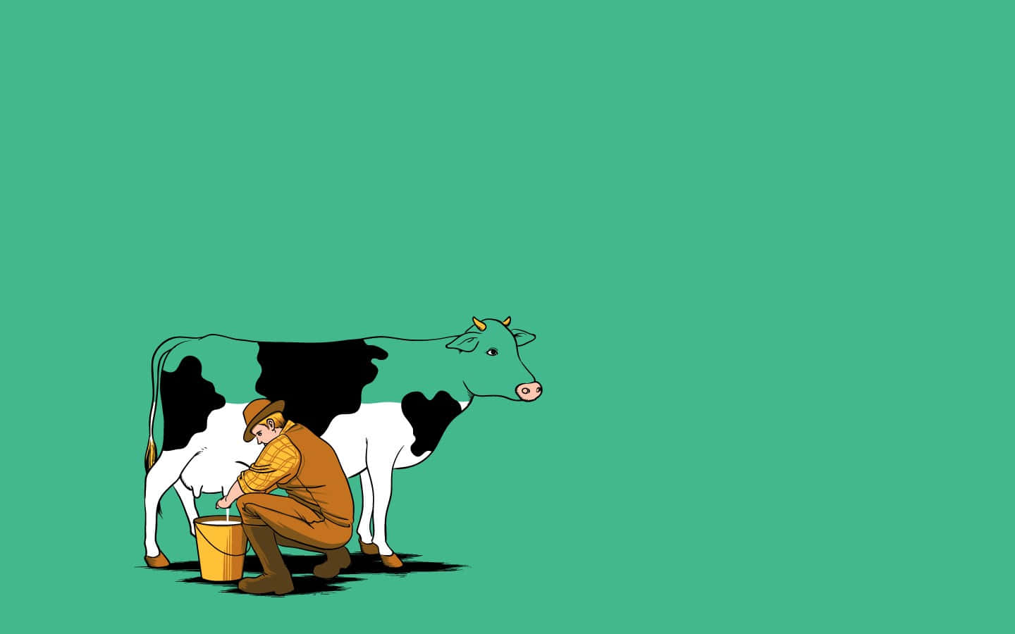 Kawaii Cute Cow 桌布 壁紙 — 一位身穿棕色吊帶褲的卡通農夫，在純青色背景前，將一頭黑白相間的乳牛擠奶到一個黃色桶子中。