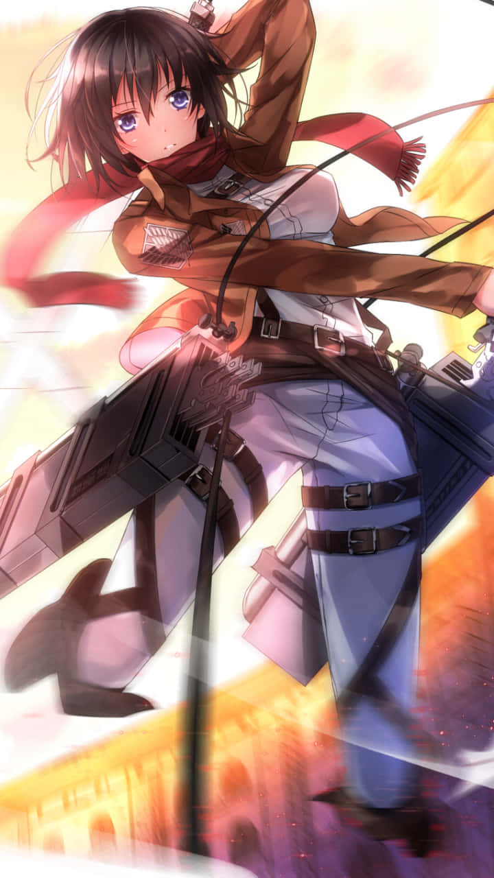Mikasa Ackerman 桌布 壁紙 — 一位身穿棕色外套和圍巾的動漫女孩，在帶有動態模糊的火紅日落背景下動態跳躍。