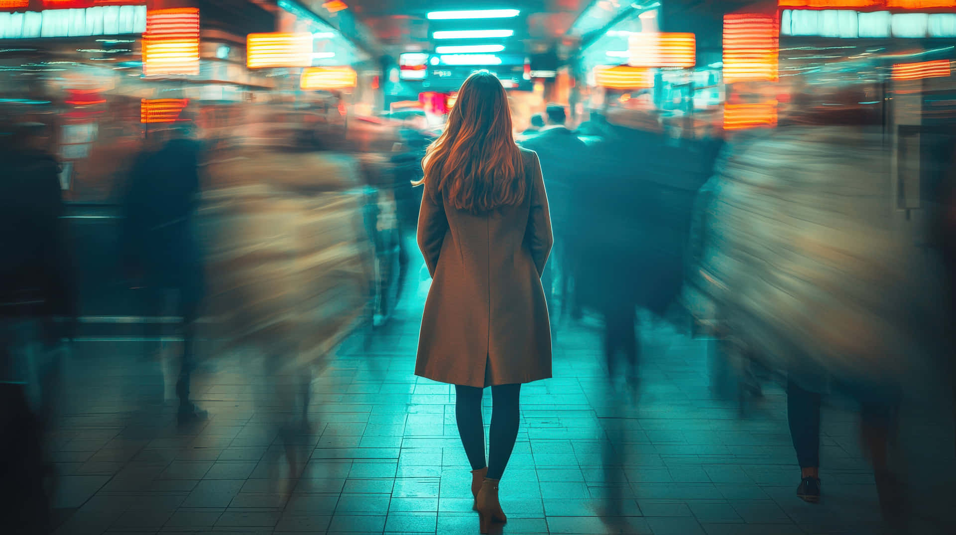 A woman in a coat walks through a busy city with blurred figures around her 壁紙 — 一位身穿棕色外套的女人穿過繁忙的地鐵站，留下模糊的人流和霓虹燈光軌跡。