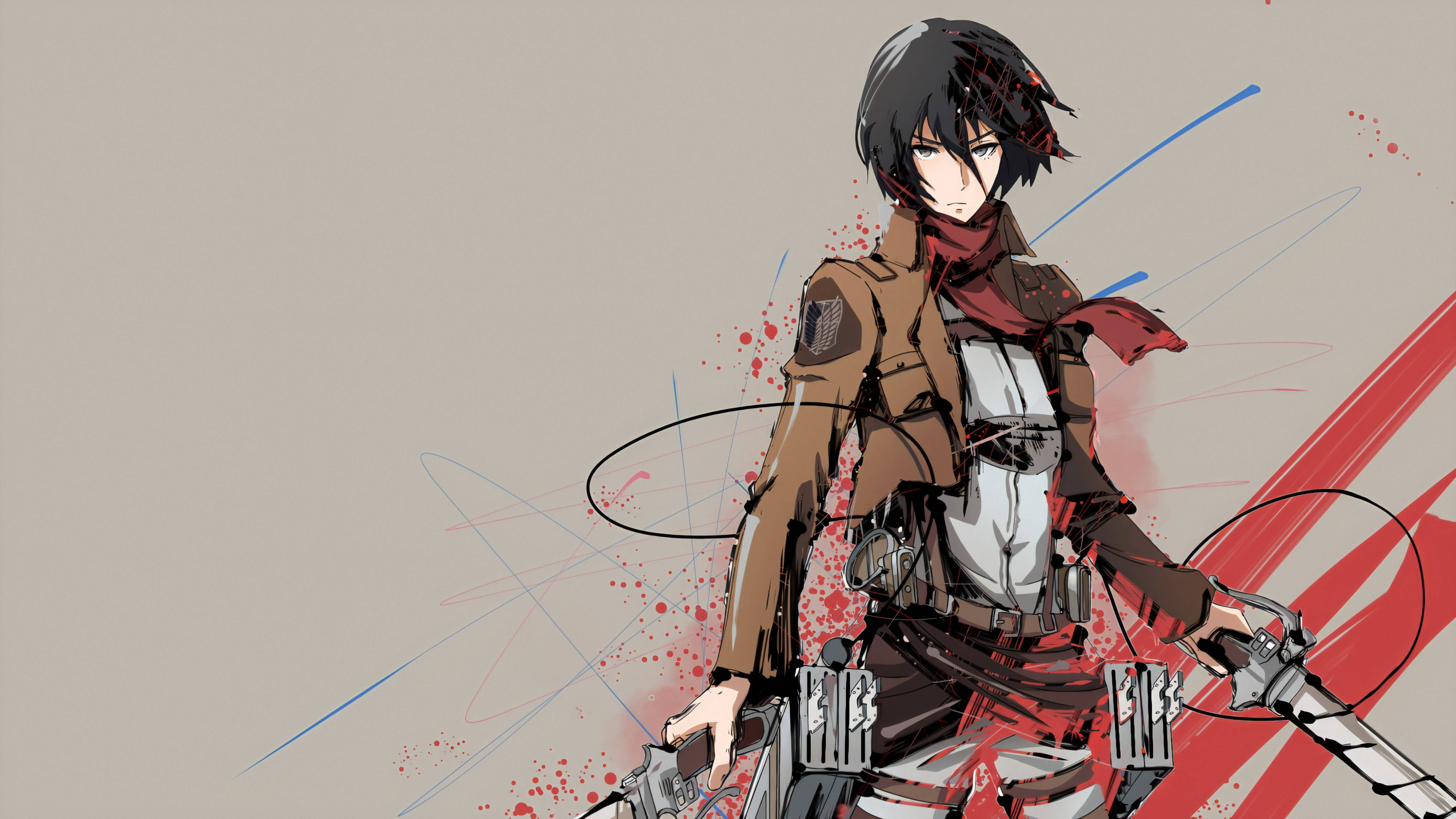 Mikasa Ackerman 桌布 壁紙 — 一位身穿棕色裝備的動漫戰士，在米色背景上，於紅色飛濺和動態藍色條紋中手持雙劍。