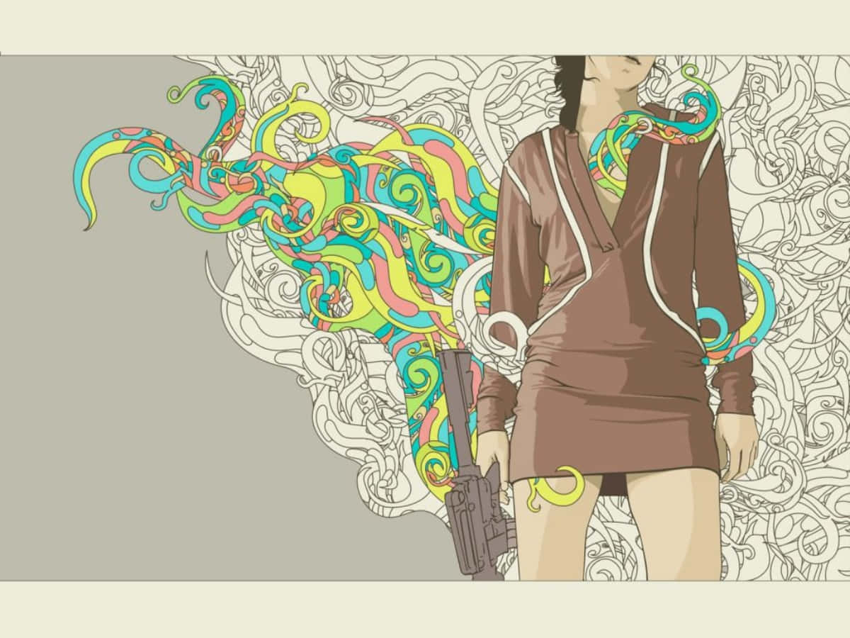 Indie Desktop 桌布 壁紙 — 一位身穿棕色連衣裙的風格化女性手持槍支，生動的漩渦圖案從她的肩膀爆發，映襯著單色華麗的背景。