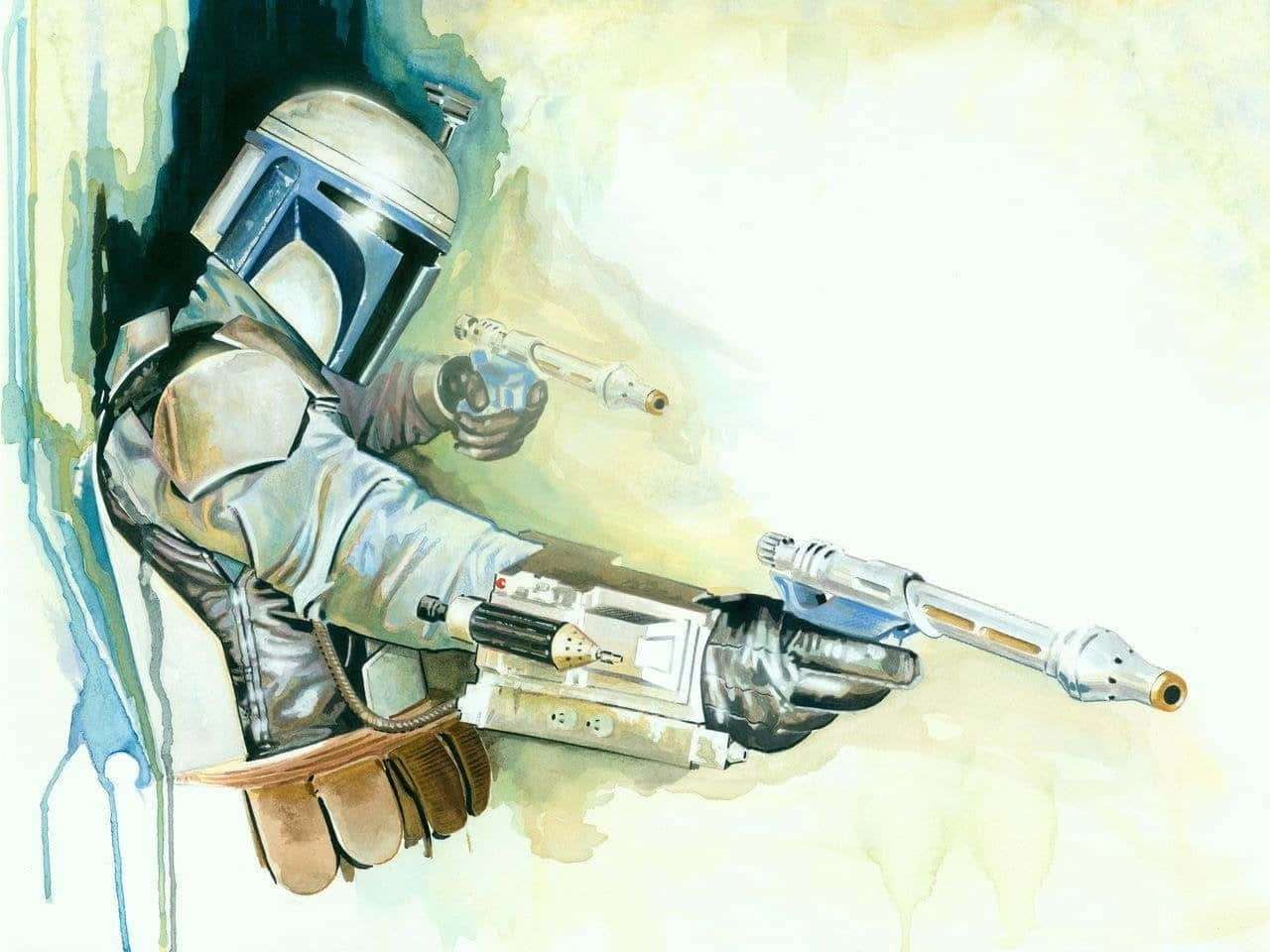 Jango Fett 桌布 壁紙 — 一位身穿標誌性盔甲的曼達洛戰士，在柔和的水彩背景前，專注地瞄準兩把爆能槍。