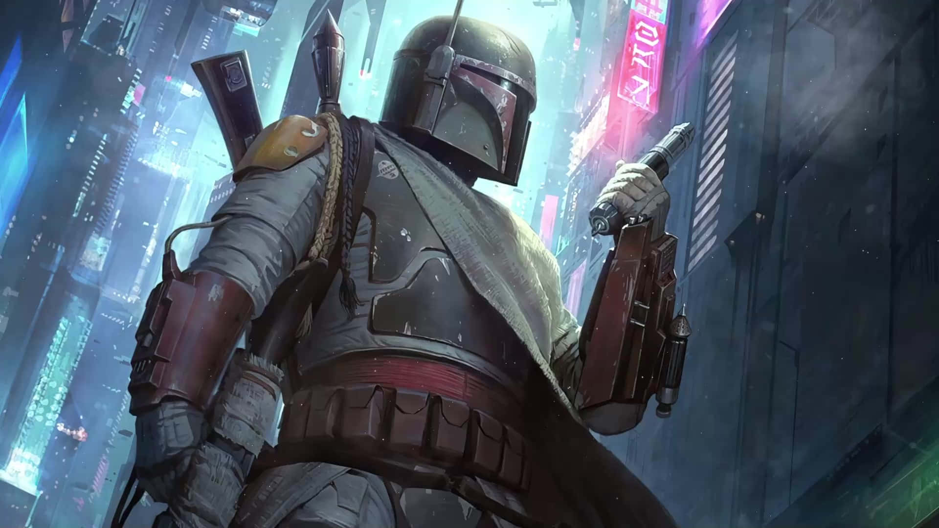 Jango Fett 桌布 壁紙 — 一位身穿標誌性盔甲的曼達洛戰士站在霓虹燈閃爍的未來城市景觀中，手持爆能槍。