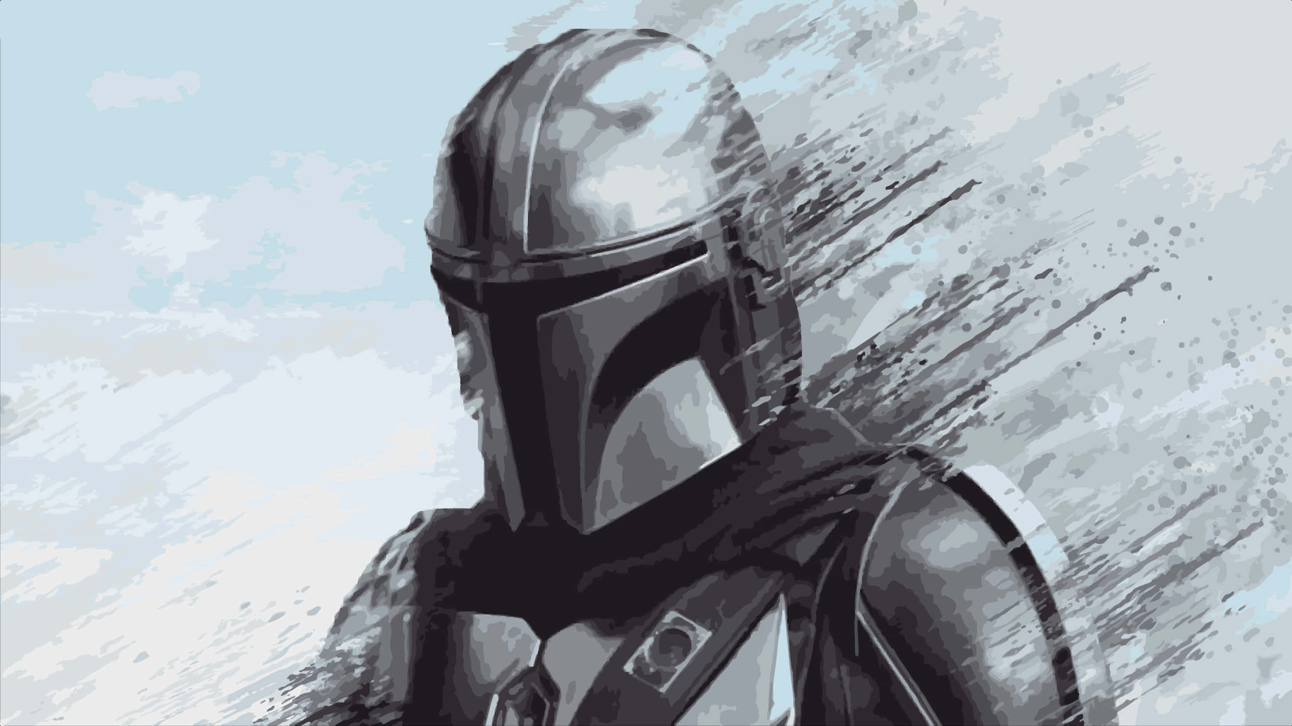 Mandalorian Pc 桌布 壁紙 — 一位身穿標誌性頭盔和盔甲的曼達洛戰士，站在動態的灰色和白色筆觸背景前。