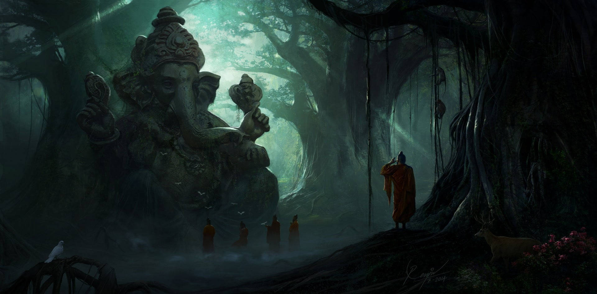 Ganesh 桌布 壁紙 — 一位身穿橙色僧袍的孤獨僧人，站在迷霧籠罩的古老叢林中，面對著一座巨大的石雕象神像，周圍是高聳的樹木和發光的綠光。