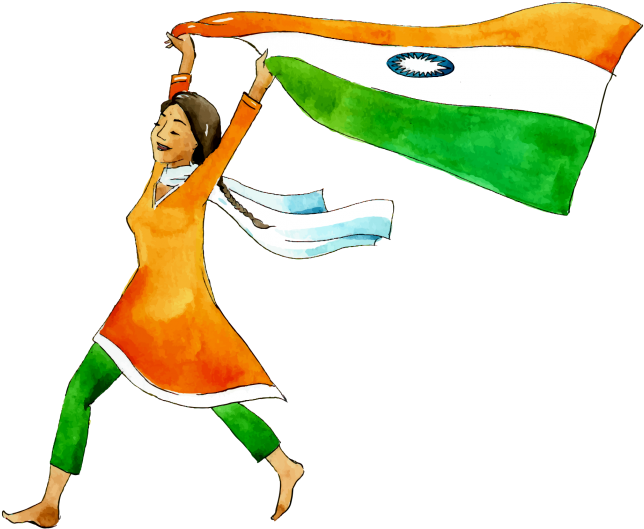 Indian Independence Day 桌布 壁紙 — 一位身穿橙色和綠色服裝的快樂女性在黑色背景前自豪地揮舞印度國旗跳舞。