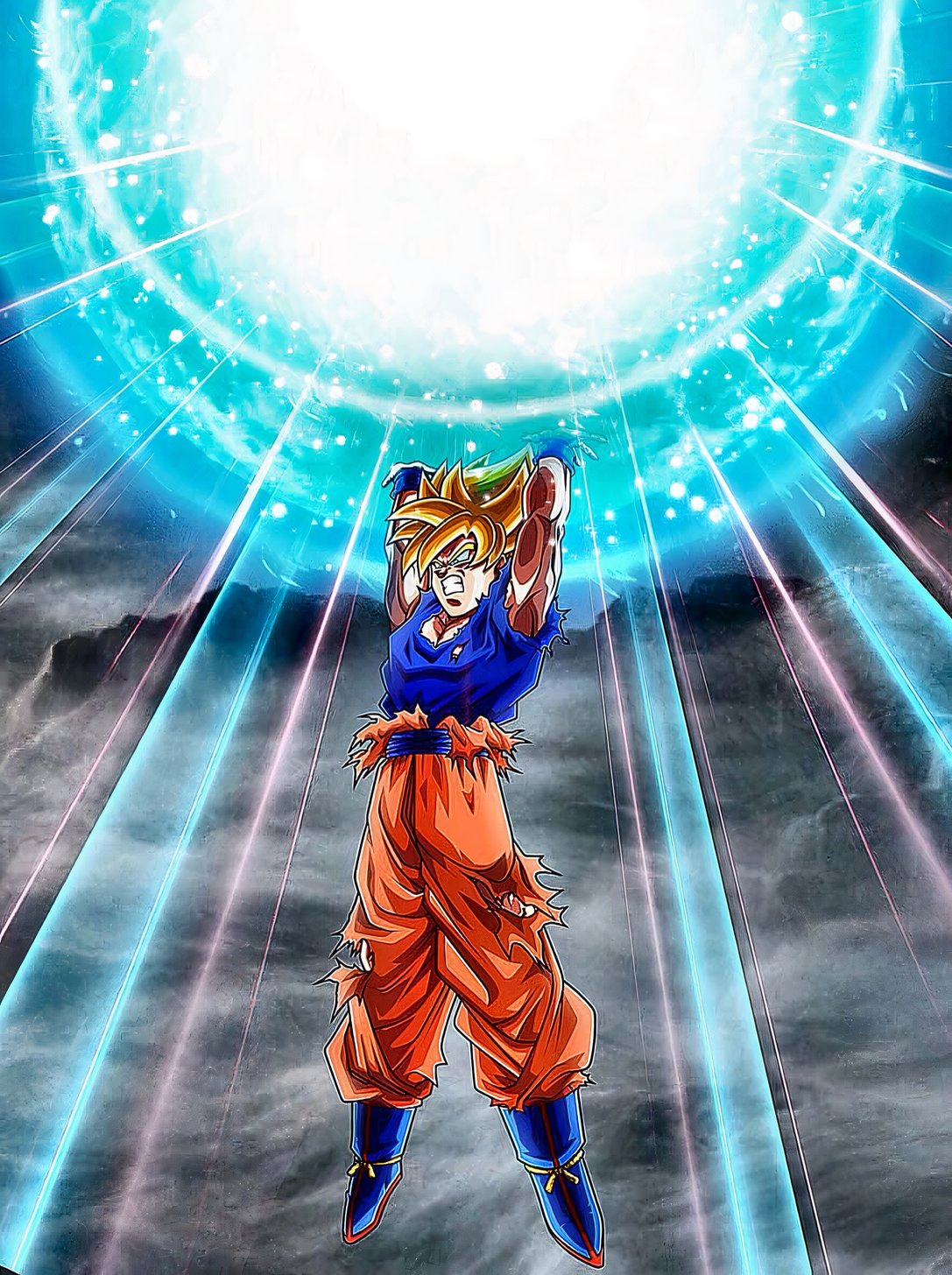 Goku's Spirit Bomb Sword 桌布 壁紙 — 一位身穿橙色和藍色的強大動漫戰士，在暴風雨的天空下站在燦爛的藍色能量光束之中。