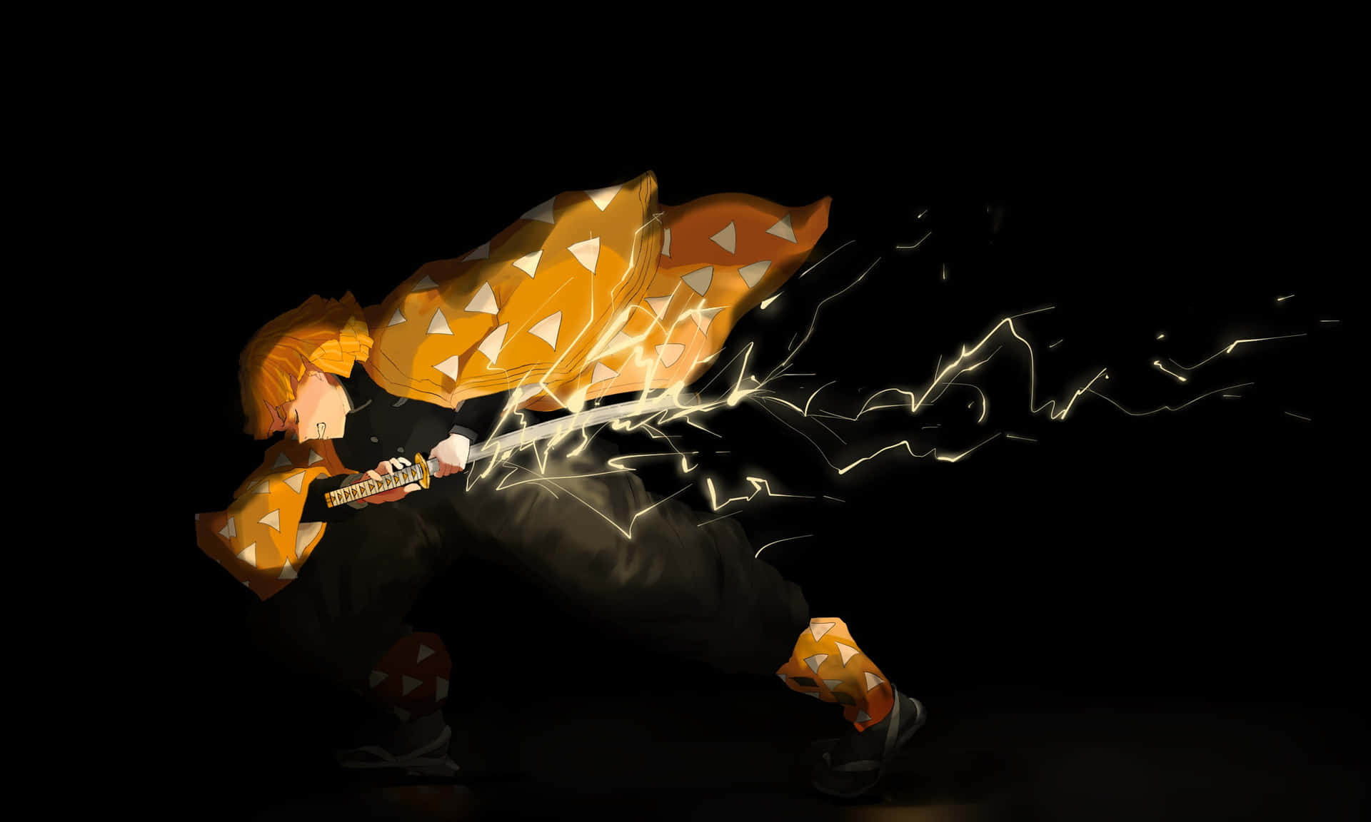 zenistu's thunderr breathing 壁紙 — 一位身穿橙色圖案和服的動漫戰士，在黑色背景上揮舞著發光的劍，帶有動態的運動軌跡。