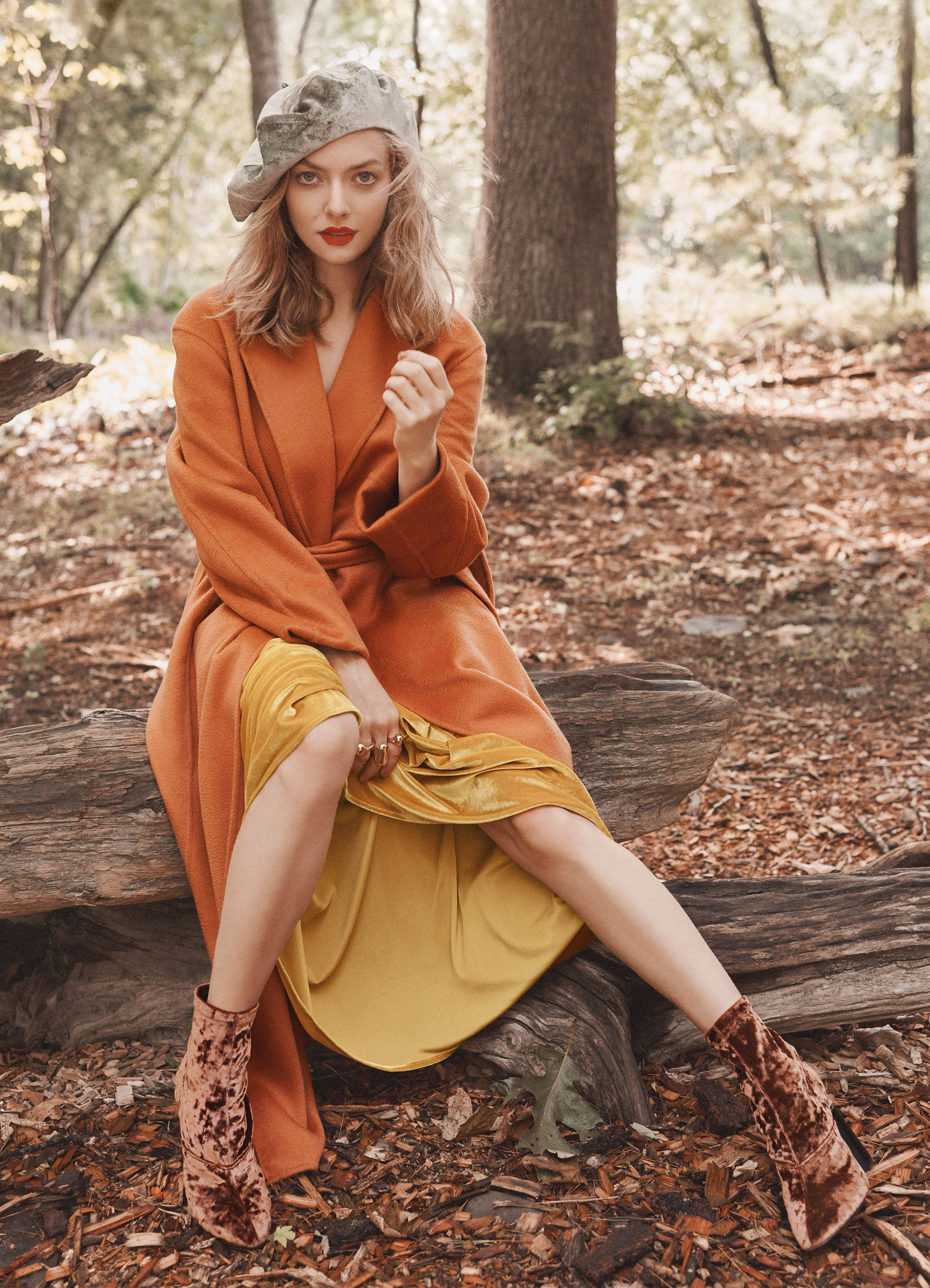 Amanda Seyfried 桌布 壁紙 — 一位身穿橙色外套和黃色裙子的女士，優雅地坐在陽光斑駁的秋日森林中的一根木頭上。