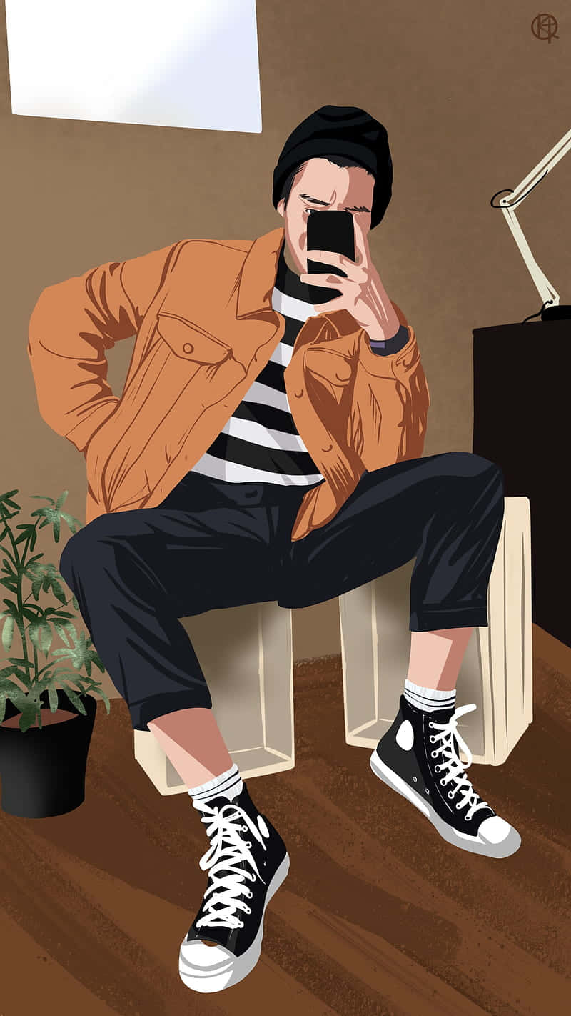 Man 桌布 壁紙 — 一位身穿橙色外套和黑色毛帽的年輕男子，坐在一個有盆栽植物的舒適房間裡的木凳上自拍。