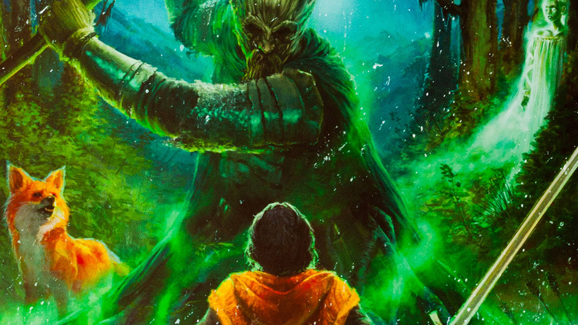 The Green Knight 桌布 壁紙 — 一位身穿橙色斗篷的年輕戰士，在神秘森林中與一隻狐狸同伴面對一位高大的綠色皮膚巨人。