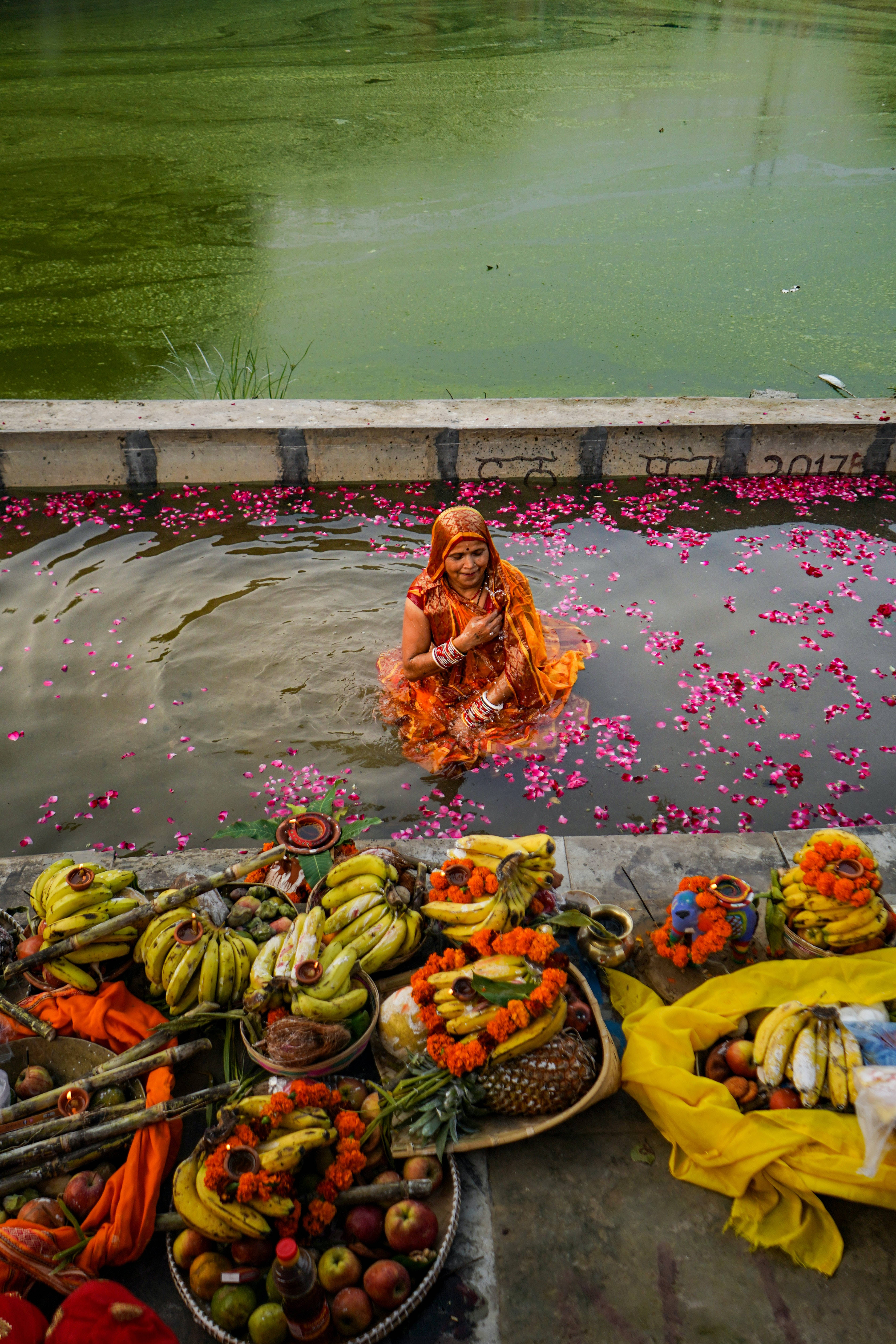 Indian 桌布 壁紙 — 一位身穿橙色服飾的女性坐在綠色的池塘中，周圍漂浮著粉紅色的花瓣，邊緣有水果供品。