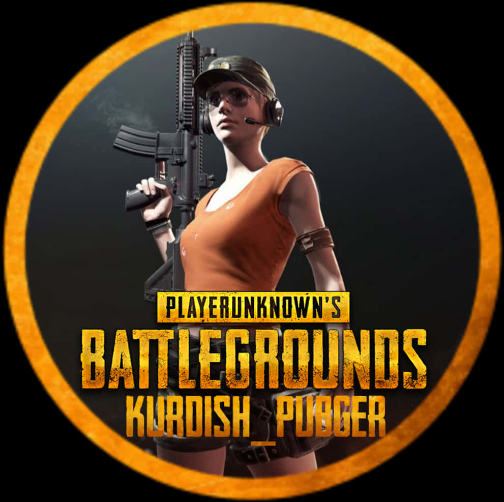 絕地求生 桌布 壁紙 — 一位身穿橙色背心和帽子的女性PUBG角色，在帶有遊戲標題文字的深色圓形背景前手持突擊步槍。